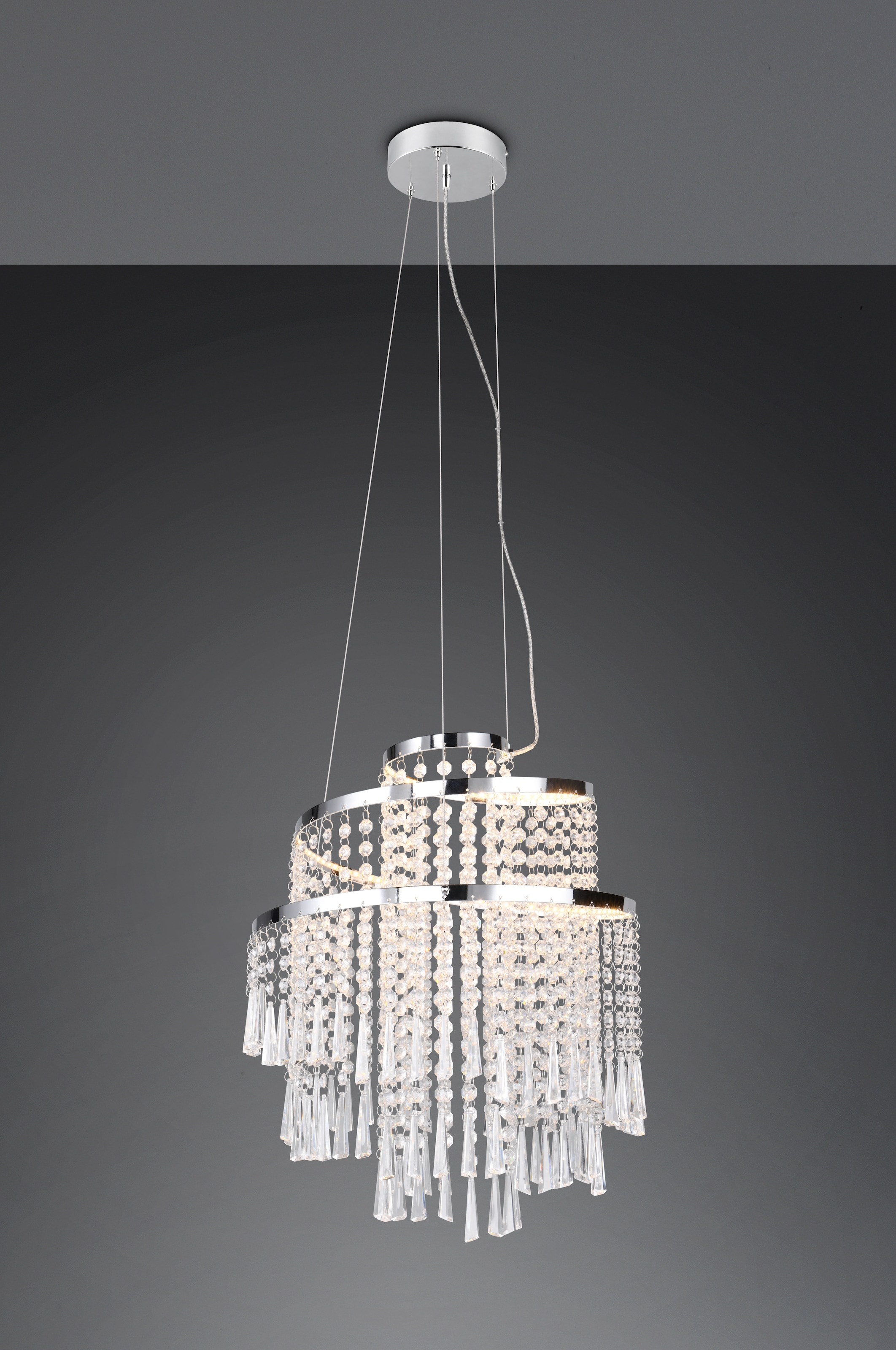 REALITY Leuchten LED Pendelleuchte »POMP, Kronleuchter chromfarbig mit Acryl Behang Ø 38cm Höhe 150 cm« LED-Board 1 Stk. Farbwechsler | warmweiß - kaltweiß LED Hängelampe 30W 4300 Lumen CCT 2700-6500K dimmbar mit Fernbedienung