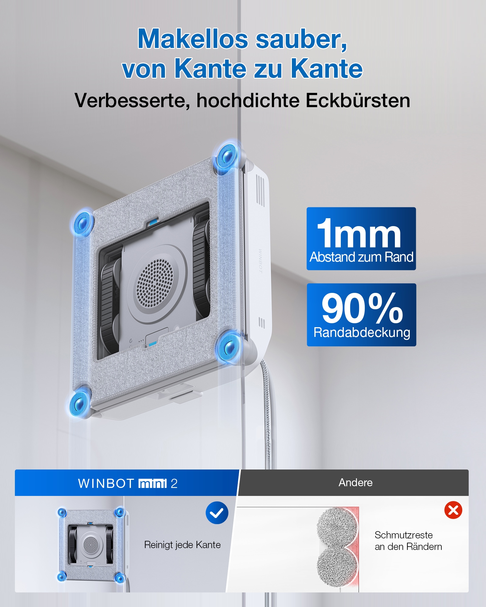 ECOVACS Fensterputzroboter »WINBOT Mini 2, inkl. Reinungslösung 230ml« 50ml Wassertank, Bürsten an allen Ecken, 3,5m Kabel