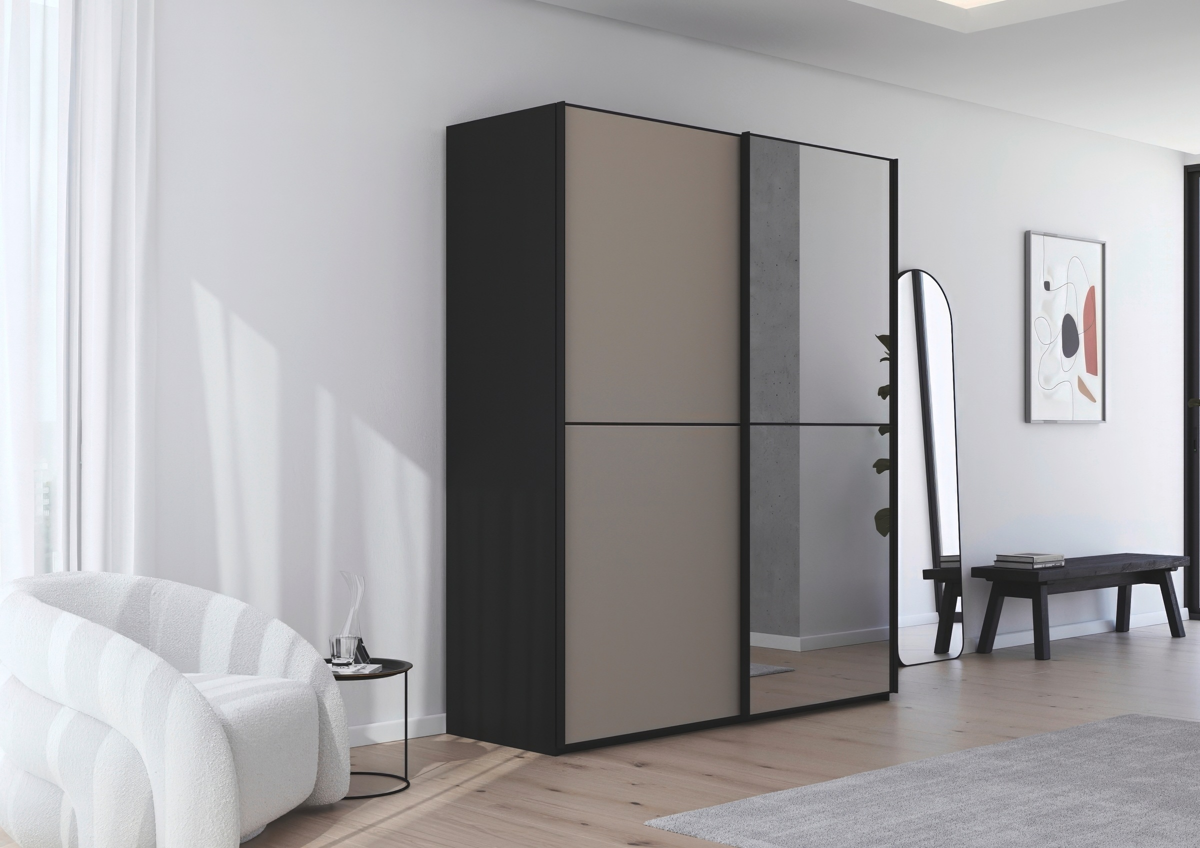 rauch Schwebetürenschrank »Kleiderschrank Schrank Garderobe Schlafzimmerschrank SCALE-DUO«, edle zweigeteilte Türen Spiegel/Glas-Mix 3 Zierleisten MADE IN GERMANY