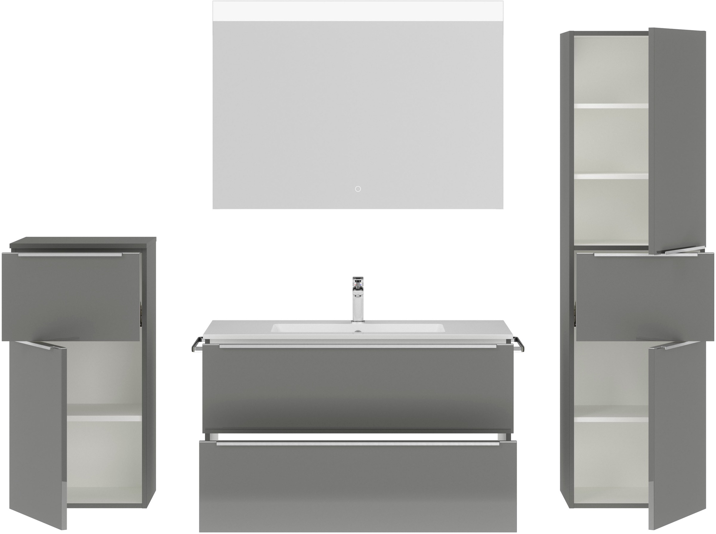 nobilia® Badmöbel-Set »Levere«, (4 St., vormontiert, mit Soft-Close), Hochglanz, inkl. Spiegel mit Touch-Sensor, in vier Breiten