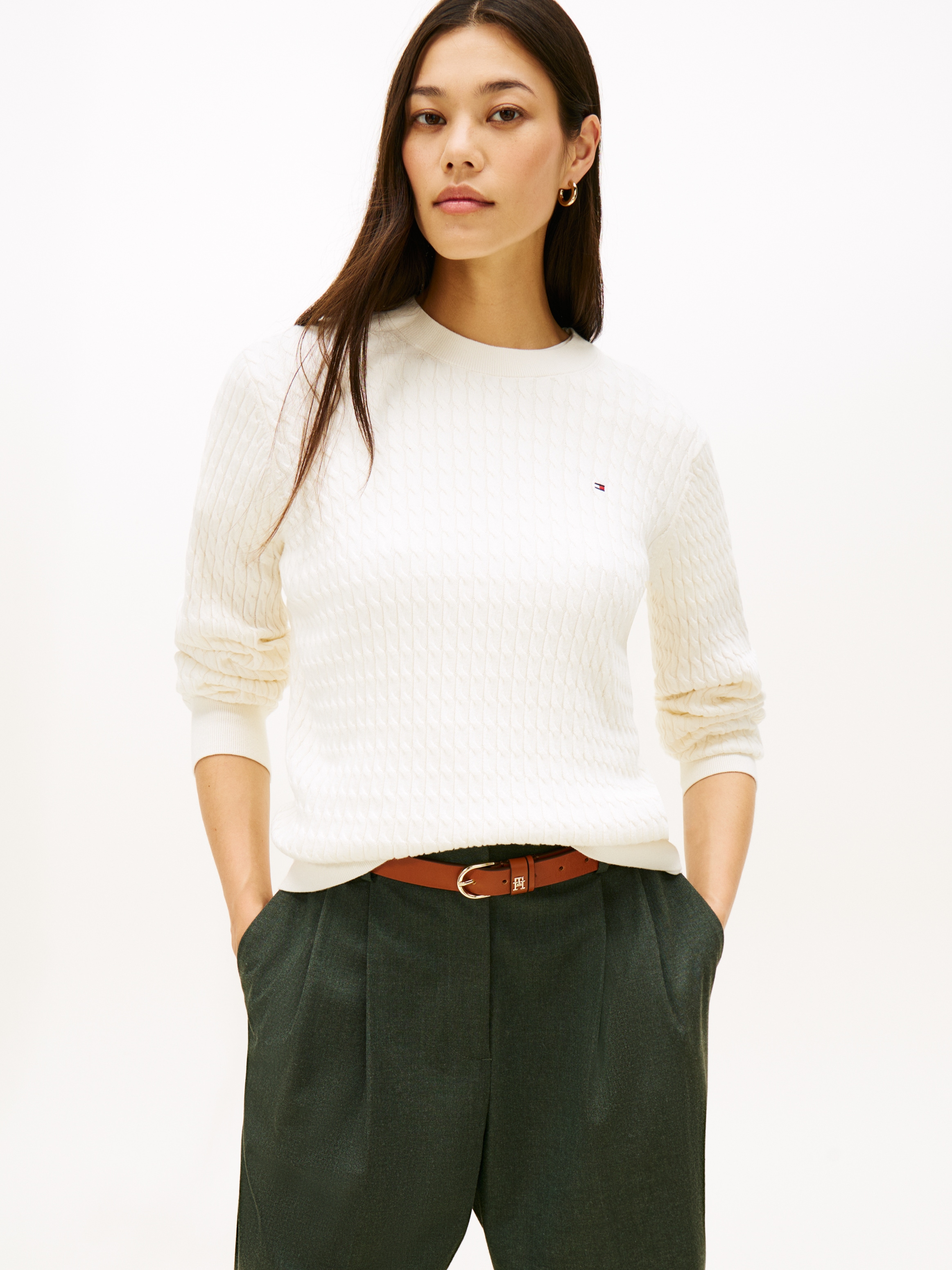 Tommy Hilfiger Rundhalspullover "CO CABLE C-NK LS SWEATER" Baumwolle, mit Zopfmuster, Regular Fit