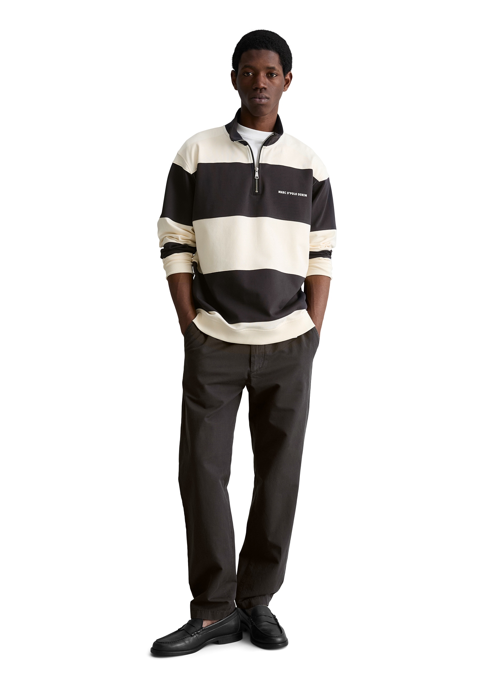 Marc O'Polo DENIM Sweatshirt , Troyer relaxed mit Cut-&-Sew-Blockstreifen
