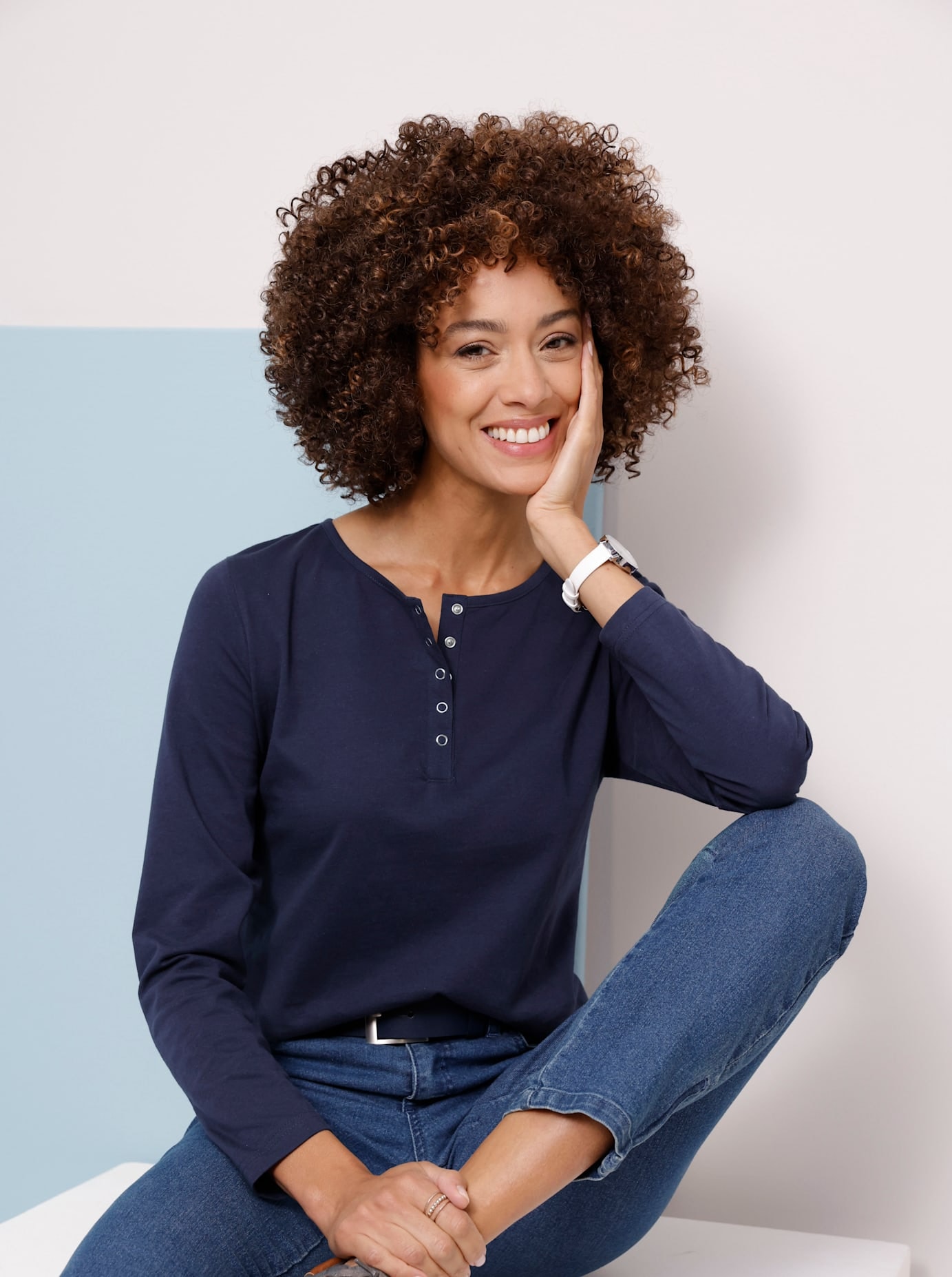 Langarmshirt CLASSIC BASICS "Langarm-Shirt", Damen, Gr. 48, blau (marine), 100% Baumwolle, unifarben, Rundhals, Shirts Langarmshirt
