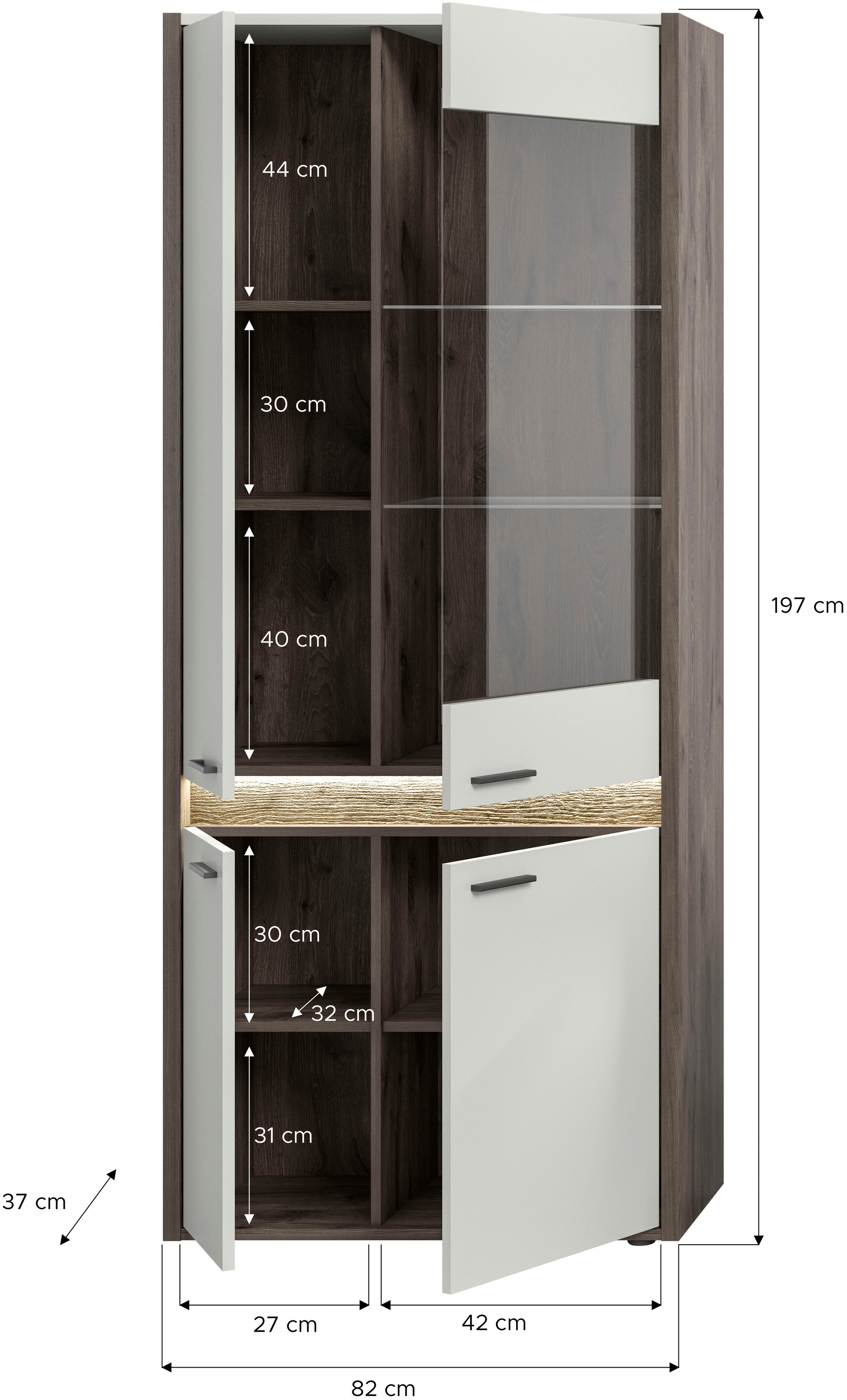 INOSIGN Vitrine »Treviso, Höhe 198 cm, inkl. Frontbeleuchtung, 4 Türen, 2 Glasböden«, 4 Einlegeböden, Standvitrine, Glasvitrine, Vitrinenschränke