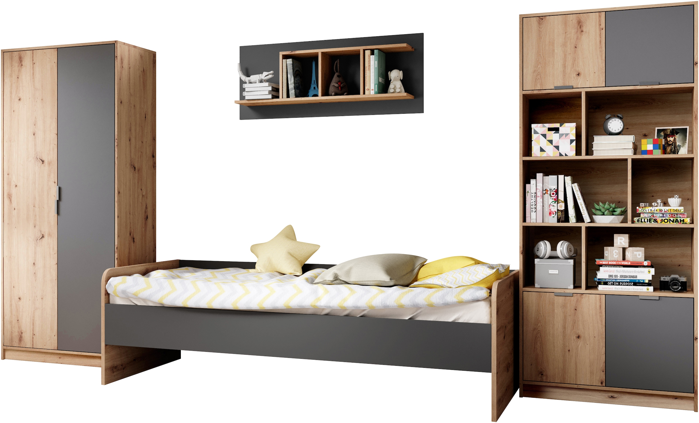 Jugendzimmer-Set »Karla Kleiderschrank, Bett, Hängeregal, Standregal«, (Set, 4 tlg.),...