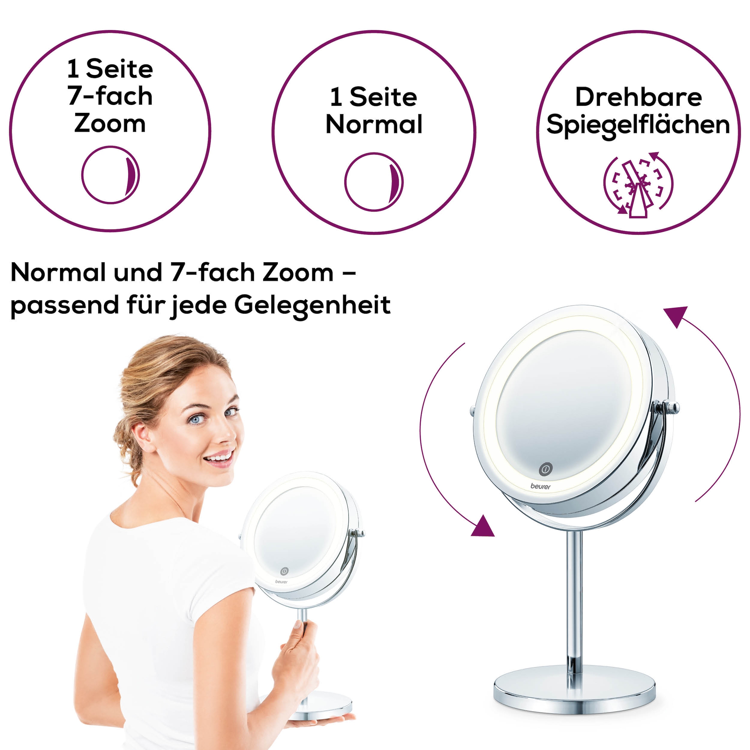 BEURER Kosmetikspiegel »BS 55 beleuchteter Kosmetikspiegel mit 7-facher Vergrößerung«, Beauty-Spiegel mit LED-Licht und Dimmfunktion, 2 Spiegelflächen