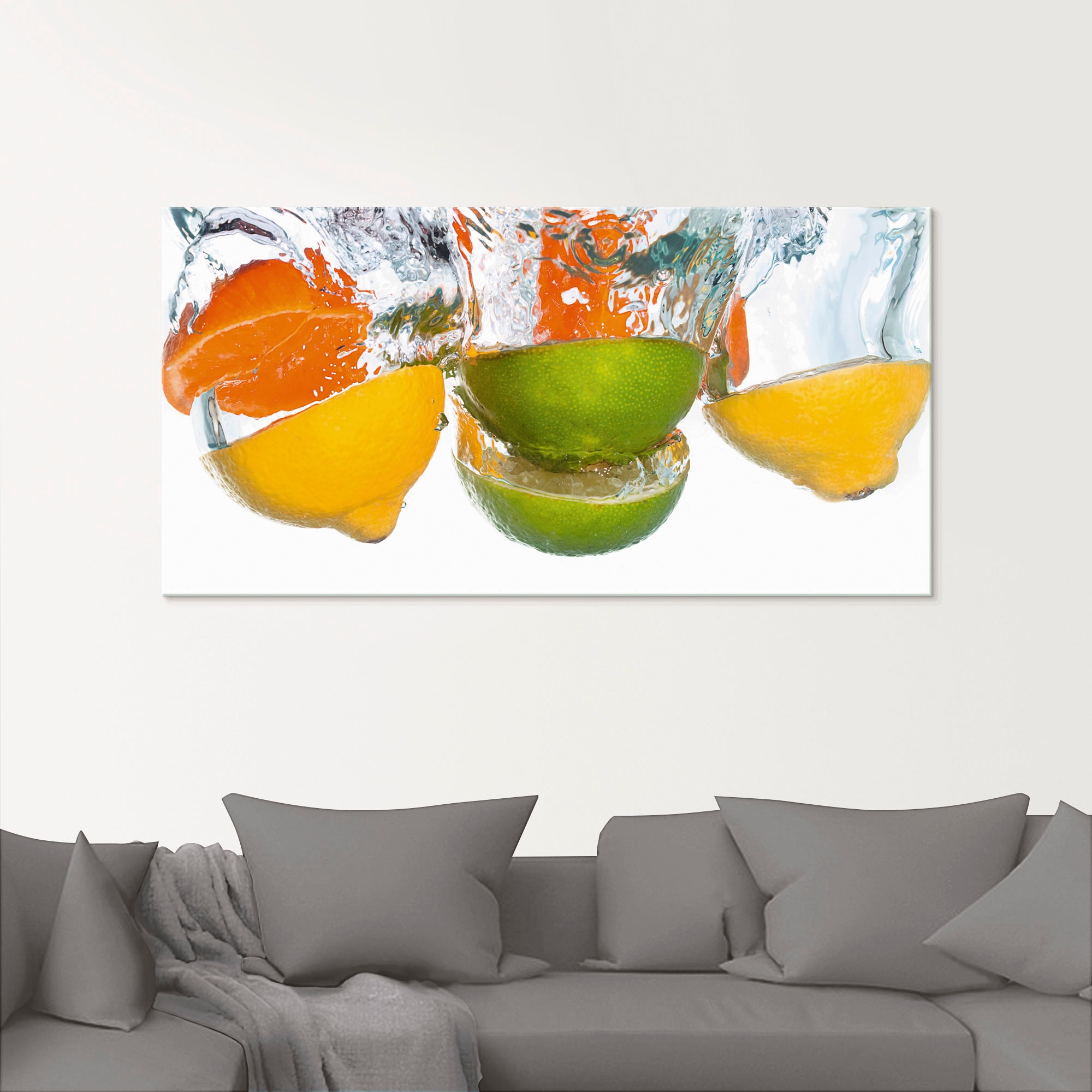 Artland Glasbild »Zitrusfrüchte fallen in klares Wasser«, Lebensmittel, (1 St.), in verschiedenen Größen