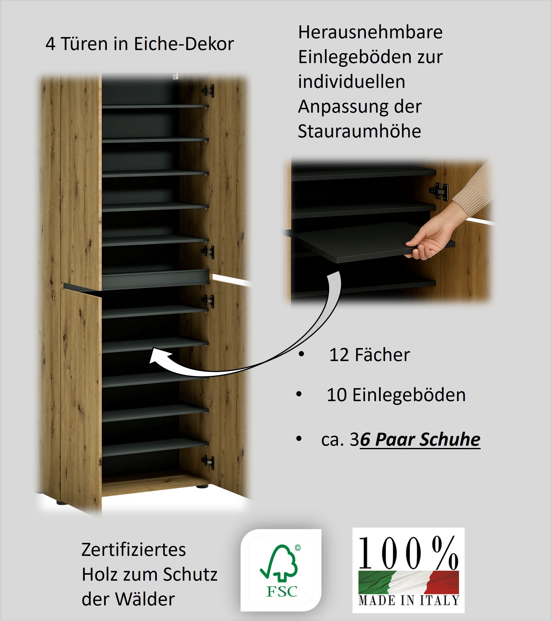 INOSIGN Schuhschrank »Mister«, Breite 80 cm, Höhe 200 cm, wendbare Blende