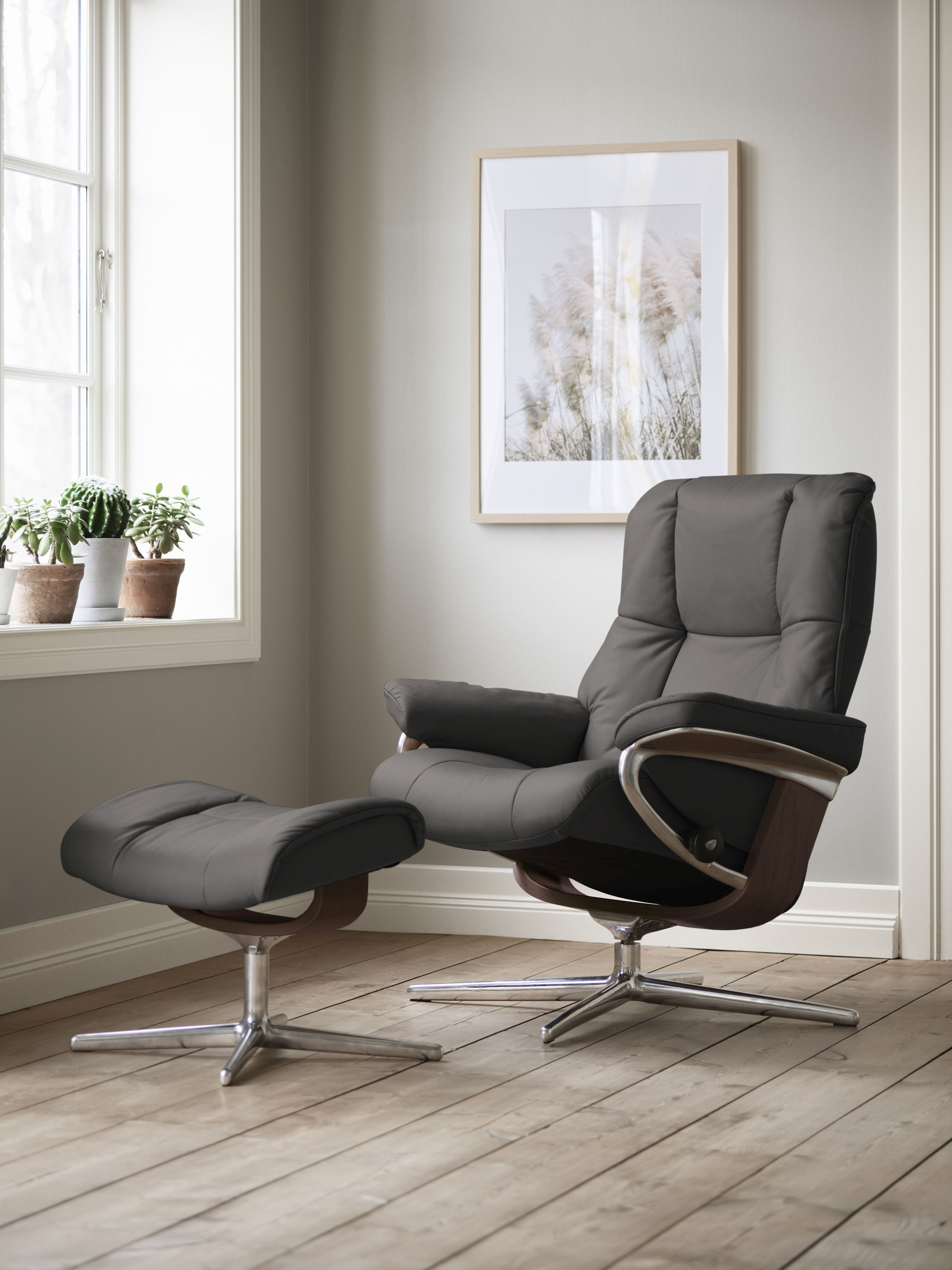 Stressless Relaxsessel "Mayfair" Set, Relaxsessel mit Hocker, mit Hocker, mit Cross Base, Größe S, M & L, Holzakzent Braun