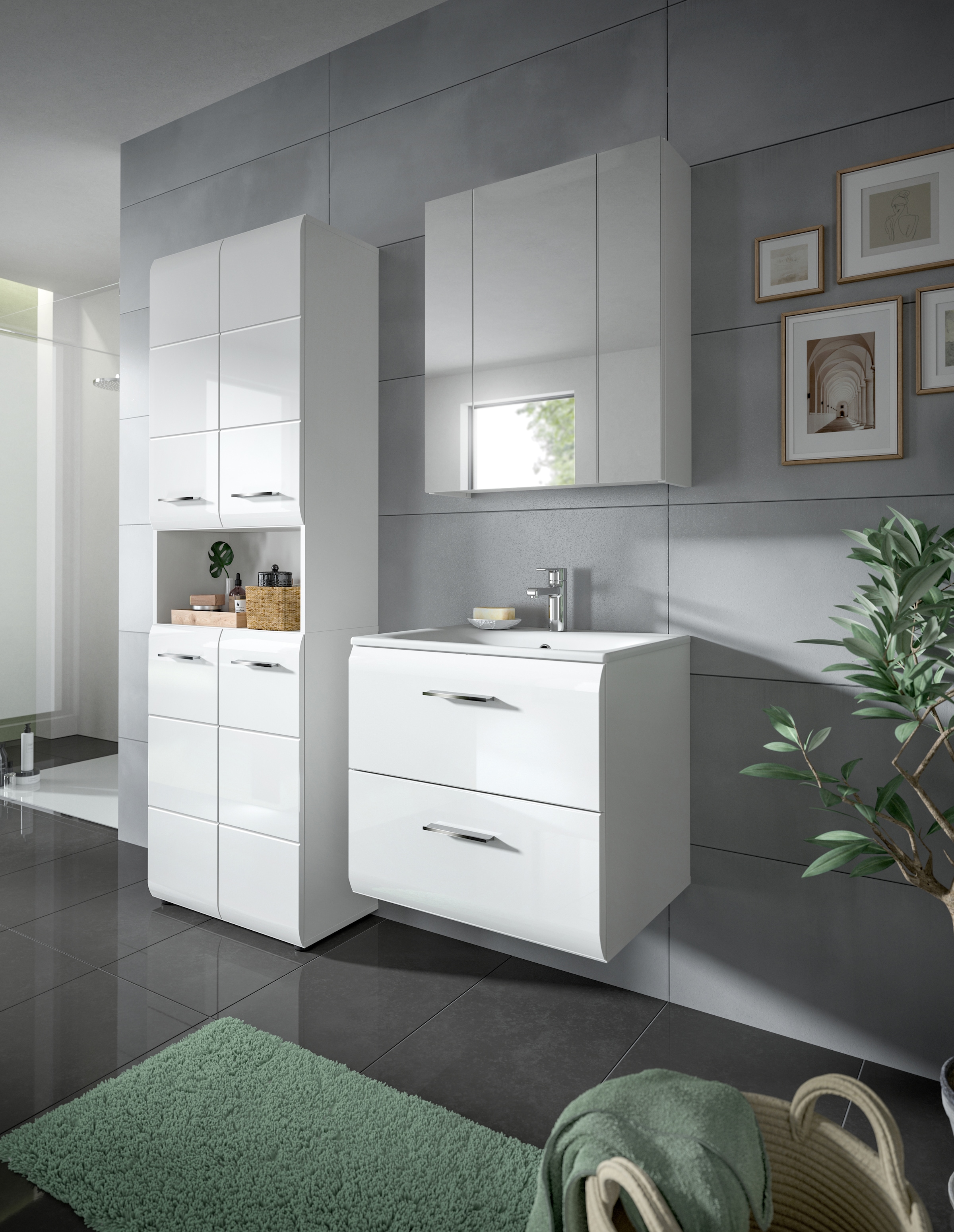 INOSIGN Badezimmer-Set, (Set, 4 St.), Florenz, Badkombination 4-tlg.,Weiß hochglanz, inkl. Waschbecken