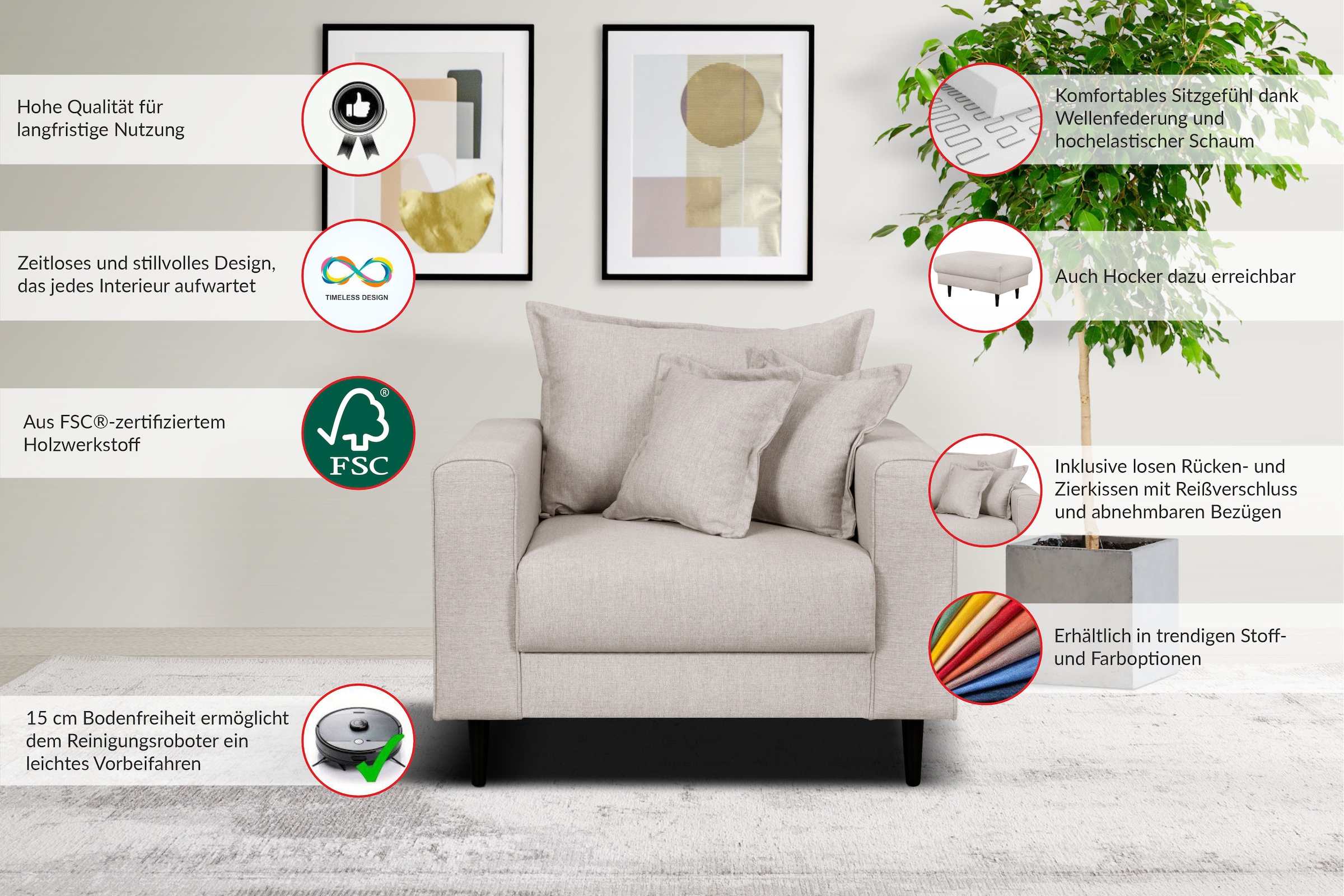 Home affaire Sessel »VEYRAS Loungesessel, Maße B/T/H: 95/84/76 cm« mit Wellenunterfederung, incl. Kissen