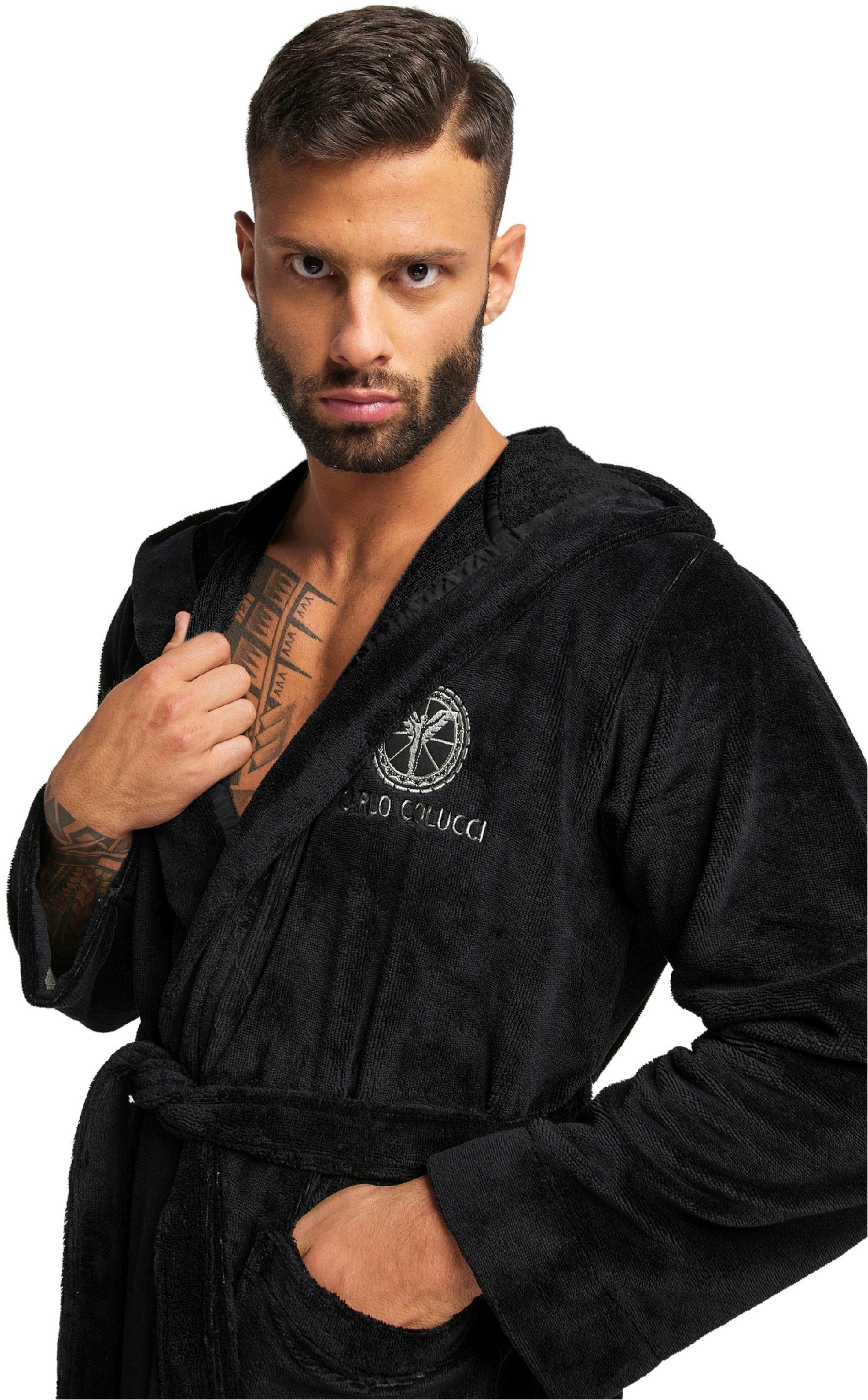 Thumbnail - CARLO COLUCCI Bademantel "Kapuzen-Bademantel für Herren aus weicher Baumwolle" 1 Stk. MADE IN GREEN by OEKO-TEX