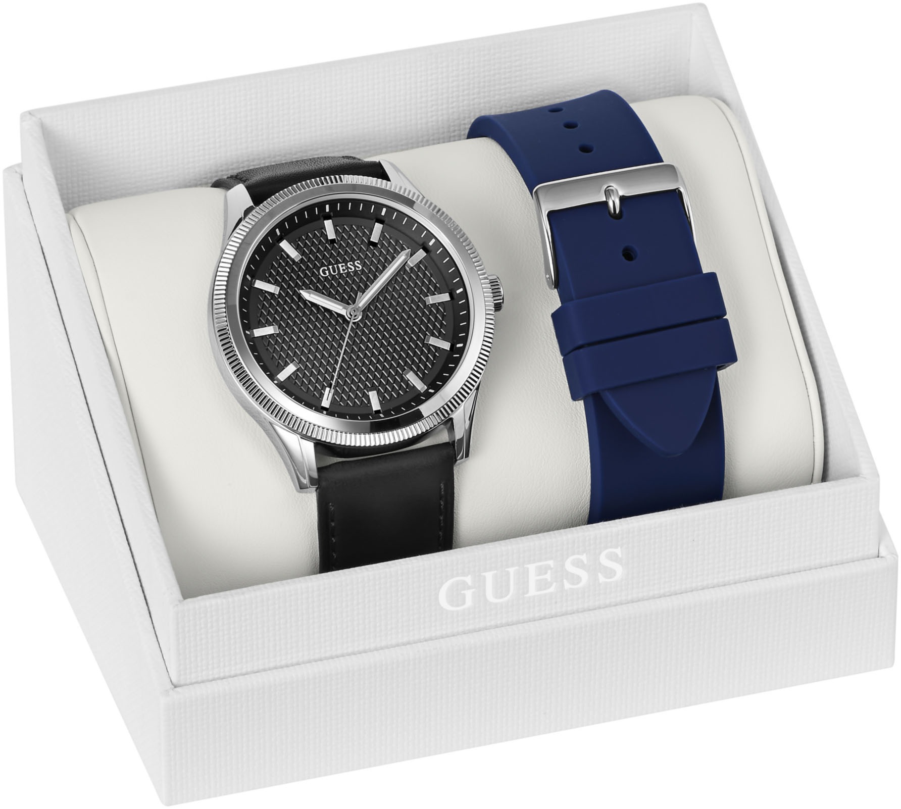 Guess Quarzuhr »DEX«, (Set, 2 tlg., mit Wechselarmband), Armbanduhr, Herrenuhr, Silikonarmband, Lederarmband, Mineralglas