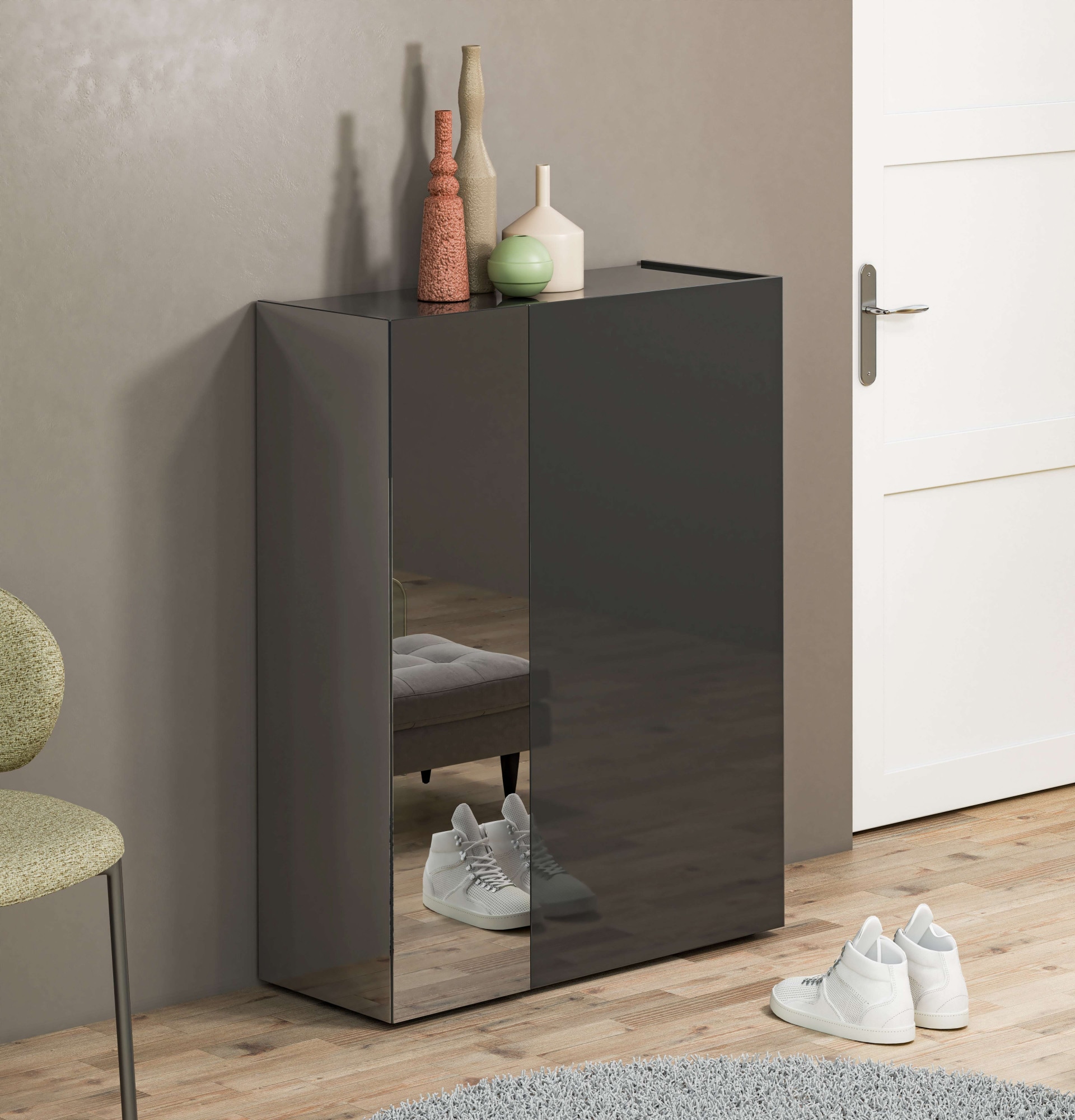 INOSIGN Schuhschrank »Tanko,Schukommode,mit 5 verstellbare Holzböden, individuelle Fachhöhe«, (1 St.), Tür und Seite mit verdunkeltem Spiegel,6 Fächer,24 paar Schuhe,87 cm