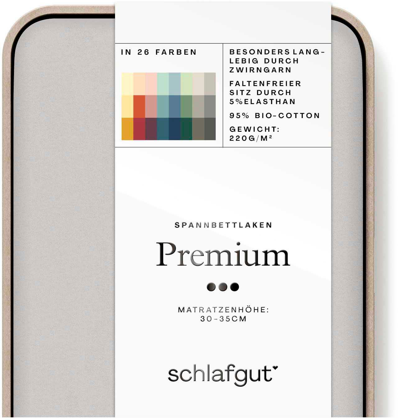 Schlafgut Spannbettlaken "PREMIUM Mako-Zwirn-Jersey, 220 g/m², 95% Bio-Baumwolle, 5% Elasthan" Bettlaken bis 30 cm Höhe, PREMIUM-Qualität langlebig, perfekter Sitz