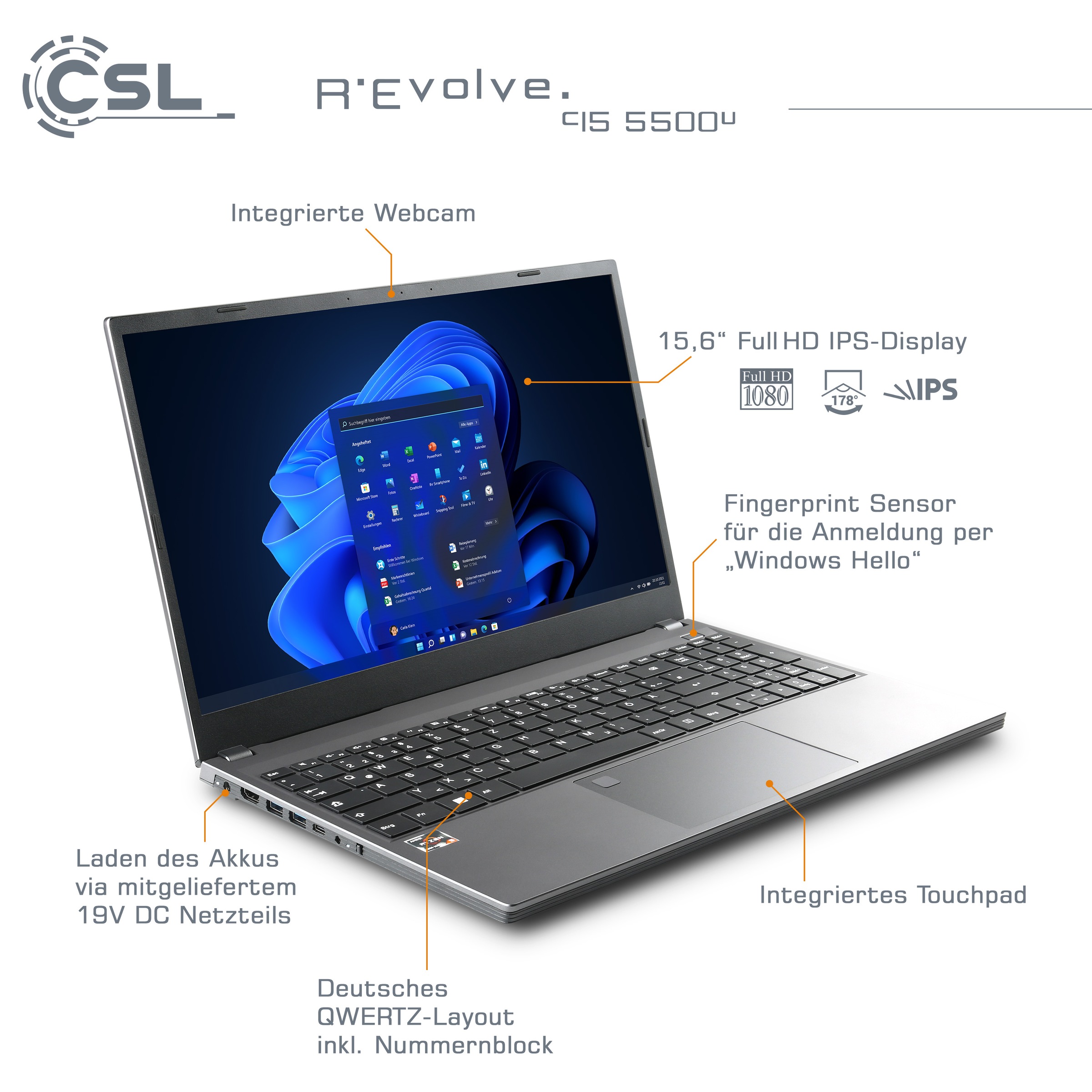 CSL Notebook »R\'Evolve C15 5500U / 64GB / 2000GB / Windo 11 Home«, 39,6 cm,  / 15,6 Zoll, 2000 GB SSD | BAUR