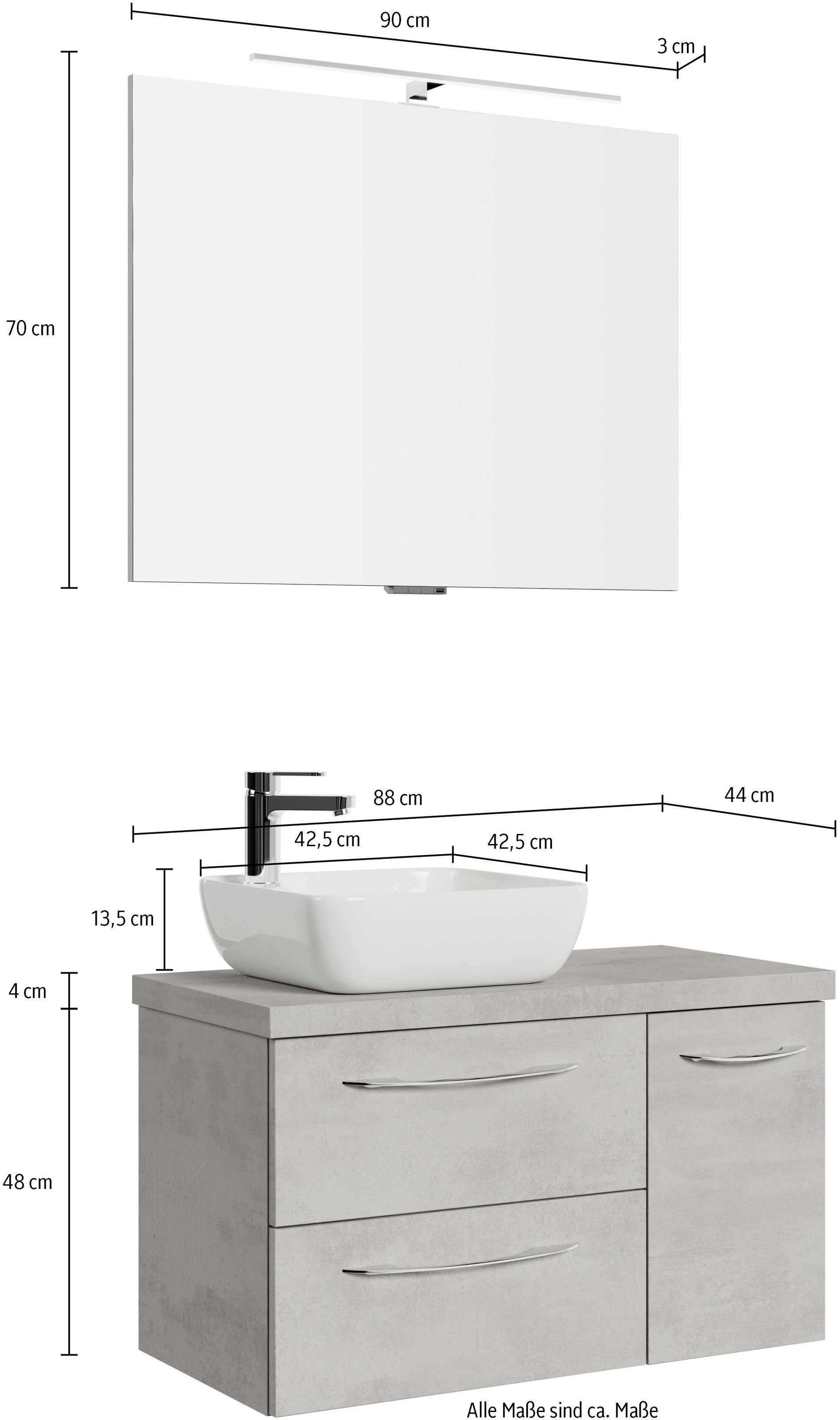 Saphir Badmöbel-Set »Serie 4035 2-teilig, Keramik-Aufsatzbecken mit LED-Spiegel, 90cm breit«, (Set), Waschplatz inkl. Türdämpfer, 1 Tür, 2 Schubladen, Griffe Chrom Glanz