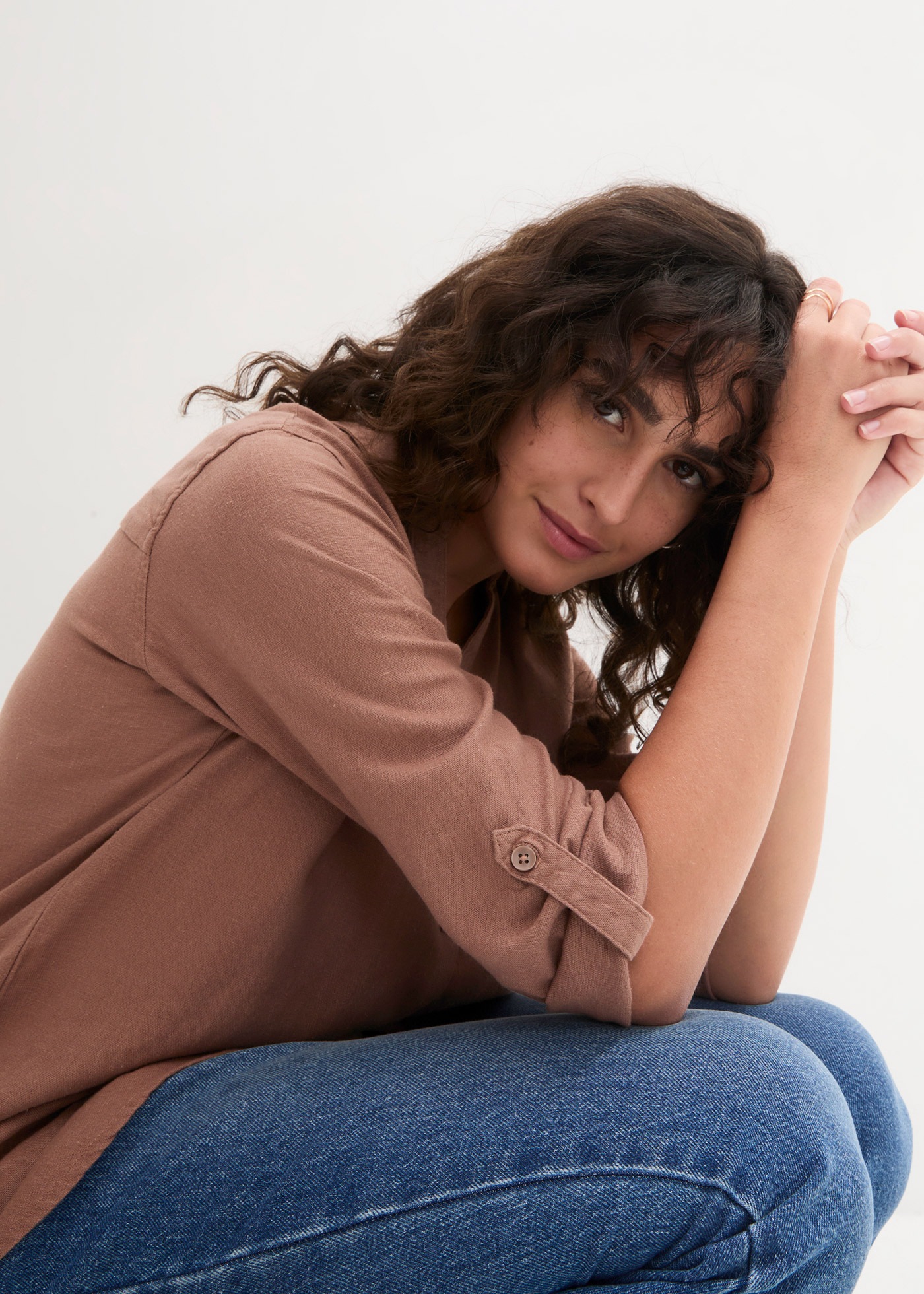 Thumbnail - bonprix Langarmbluse "3/4-Arm Bluse mit Leinen" mit Kragen und V-Ausschnitt