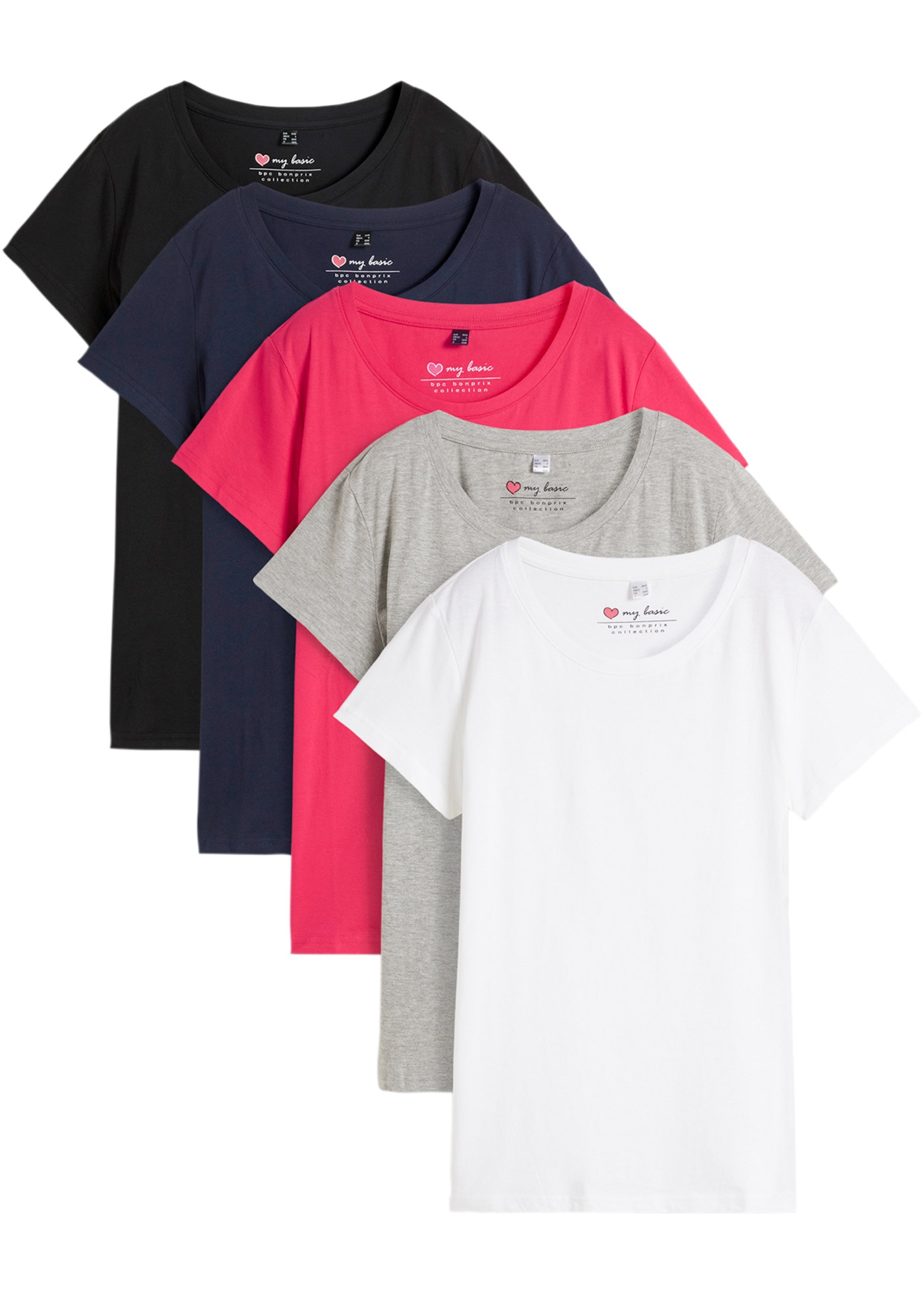 bonprix "Rundhals-Shirt, Kurzarm (5er Pack)" Packung, 5 Rundhals-Ausschnitt, mit kurzem Arm