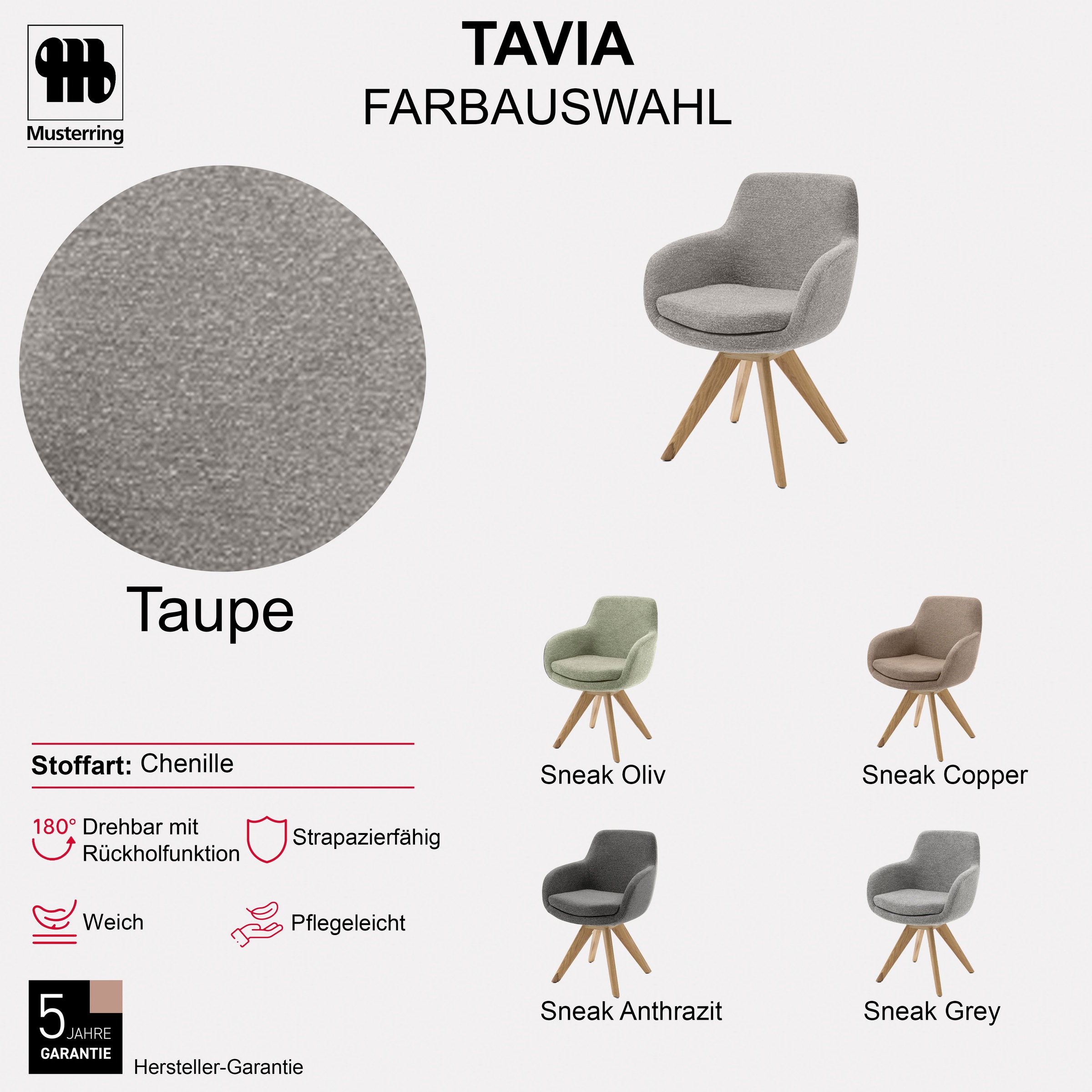 Esszimmerstuhl MUSTERRING "Tavia", grau (taupe, wildeiche, taupe), B:62cm H:86cm T:66cm, Stühle, Esszimmerstuhl, Stativgestell Wildeiche massiv, Drehfunktion optional, diverse Farben 3