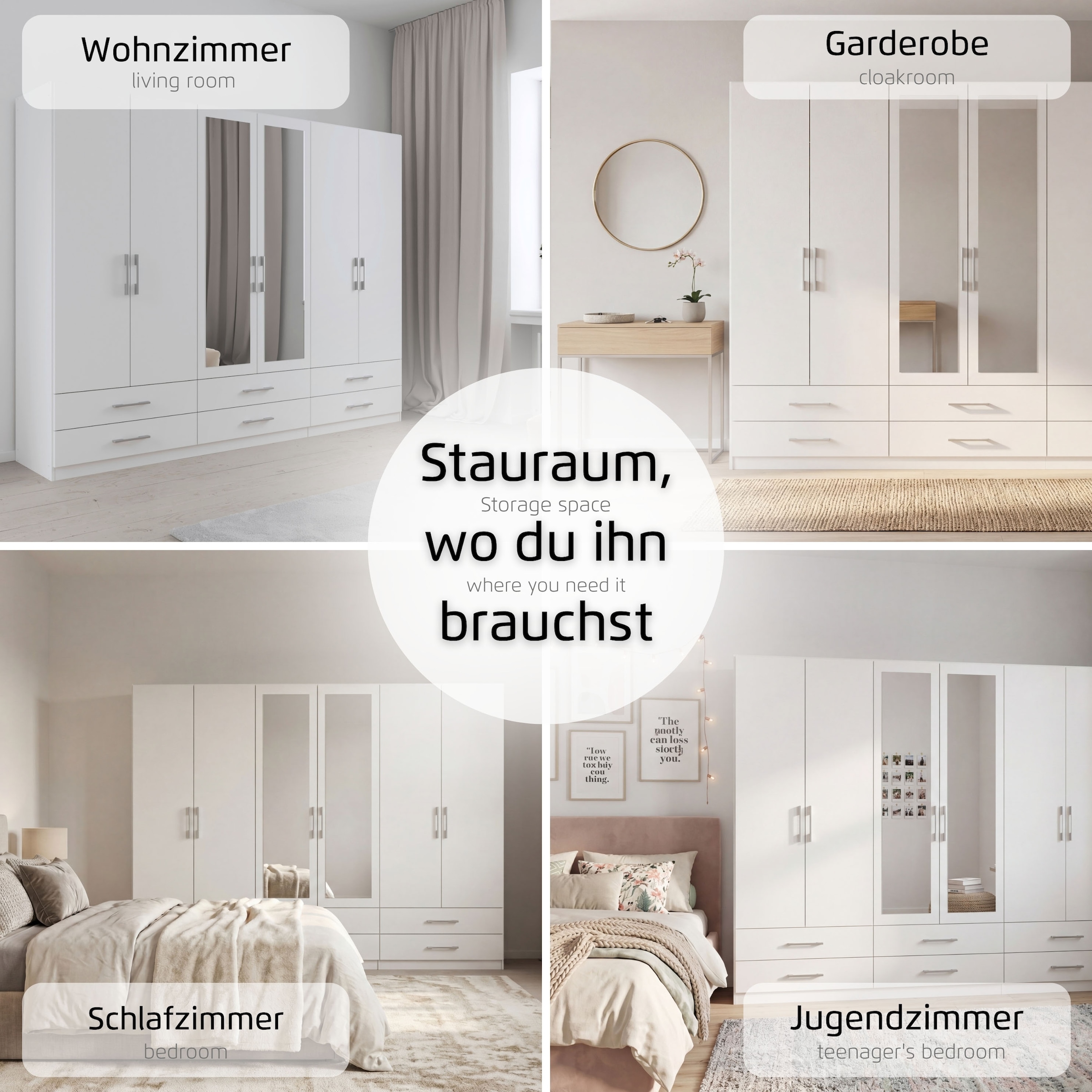 rauch Kleiderschrank »Schrank Garderobenschrank Mehrzweckschrank Schlafzimmer HERSBRUCK« 3 verschiedene Ausstattungen BASIC/CLASSIC/PREMIUM (inkl. SOFT-CLOSE),  mit großzügigen Schubladen sowie Spiegeltüren MADE IN GERMANY