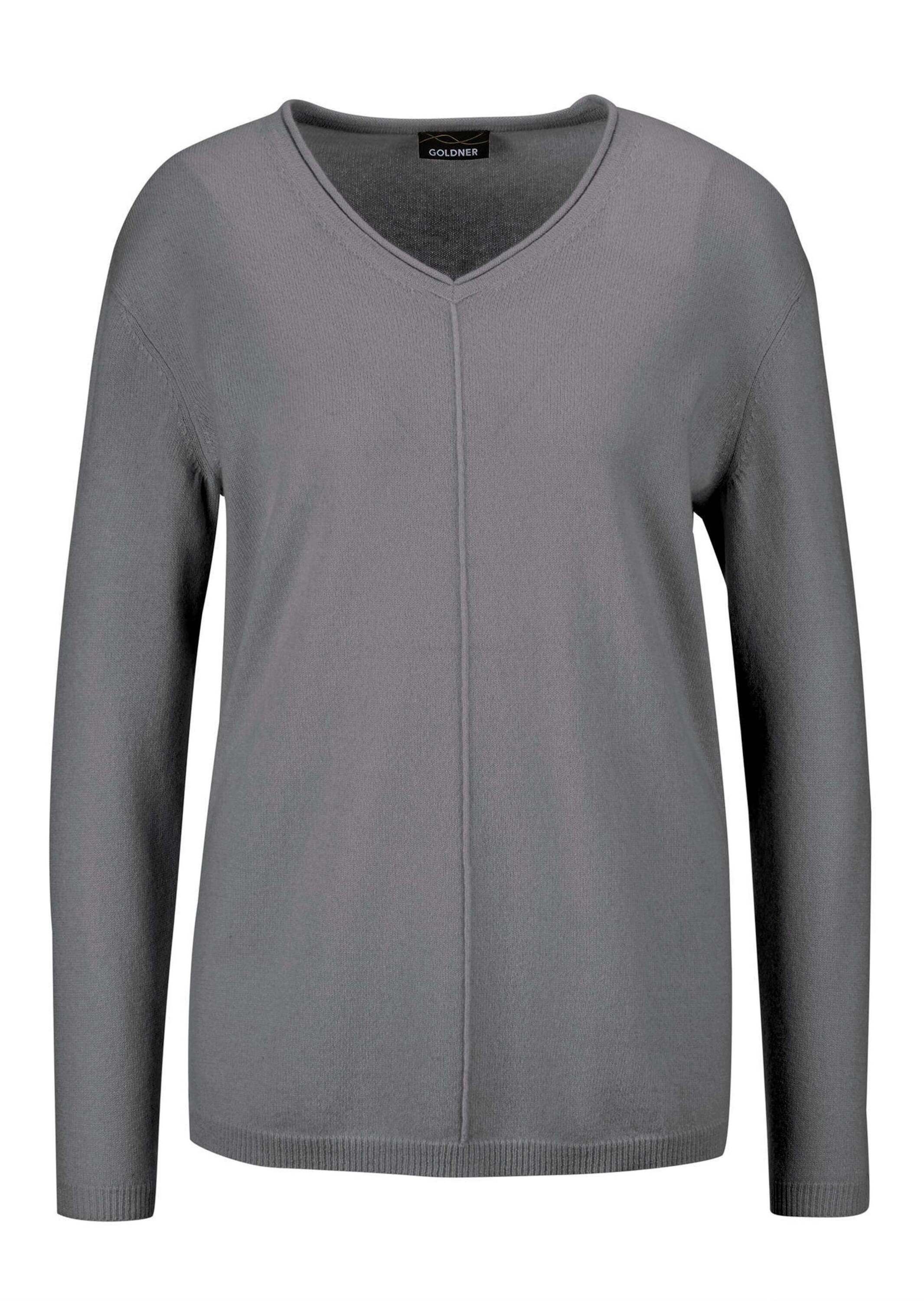 GOLDNER Damen Strickpullover "Kurzgröße Basicpullover mit V-Ausschnitt", grau, Gr. 19, Obermaterial: 100% Kaschmir WS., Pullover, Aufwendig in Form