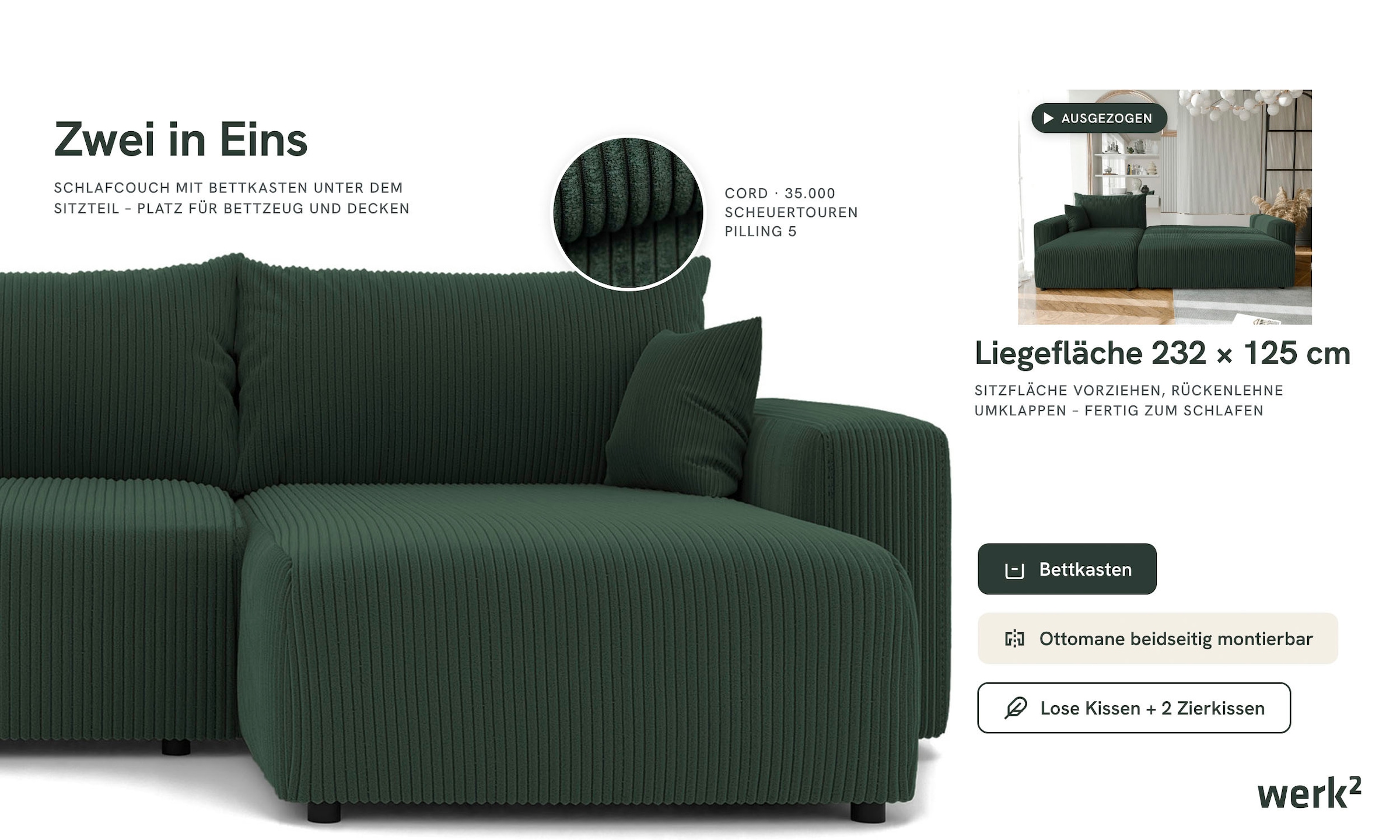 WERK2 Ecksofa »Piano XL Cord Sofa L-Form, Schlaffunktion & Bettkasten, 278 cm breit« Ottomane beidseitig montierbar, lose Rückenkissen & 2 Zierkissen