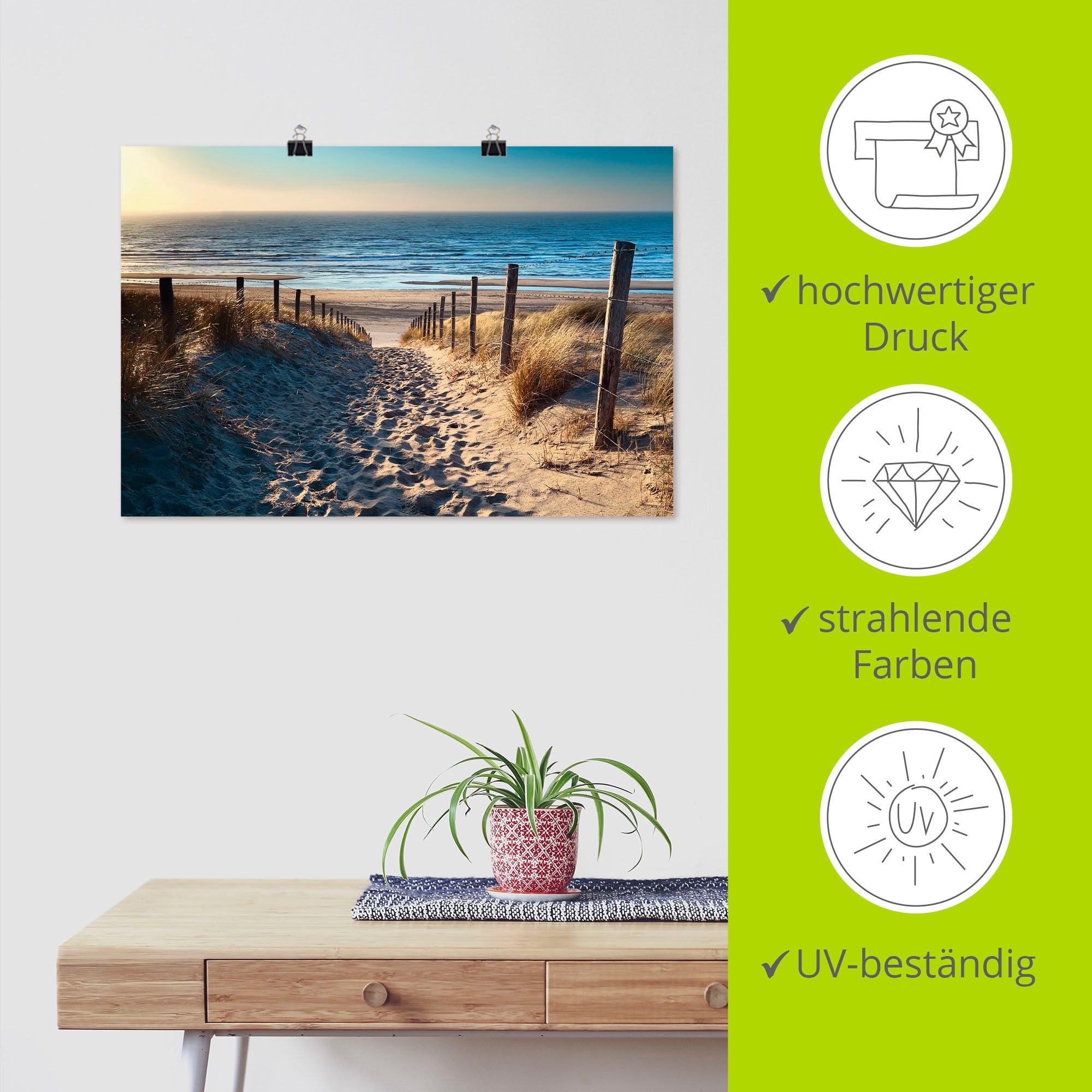 Artland Wandbild »Weg zum Nordseestrand Sonnenuntergang« Strand 1 Stk. tlg. als Alubild, Outdoorbild, Leinwandbild, Poster, Wandaufkleber