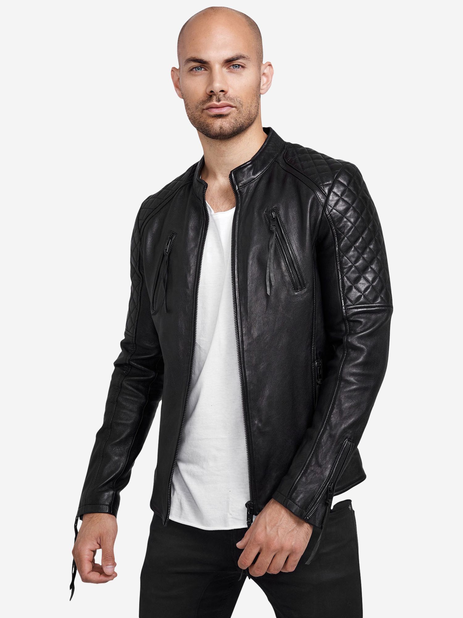 trueprodigy Lederjacke "Franky Abgesteppte Details an der Schulter und Logo Applikation" ohne Kapuze