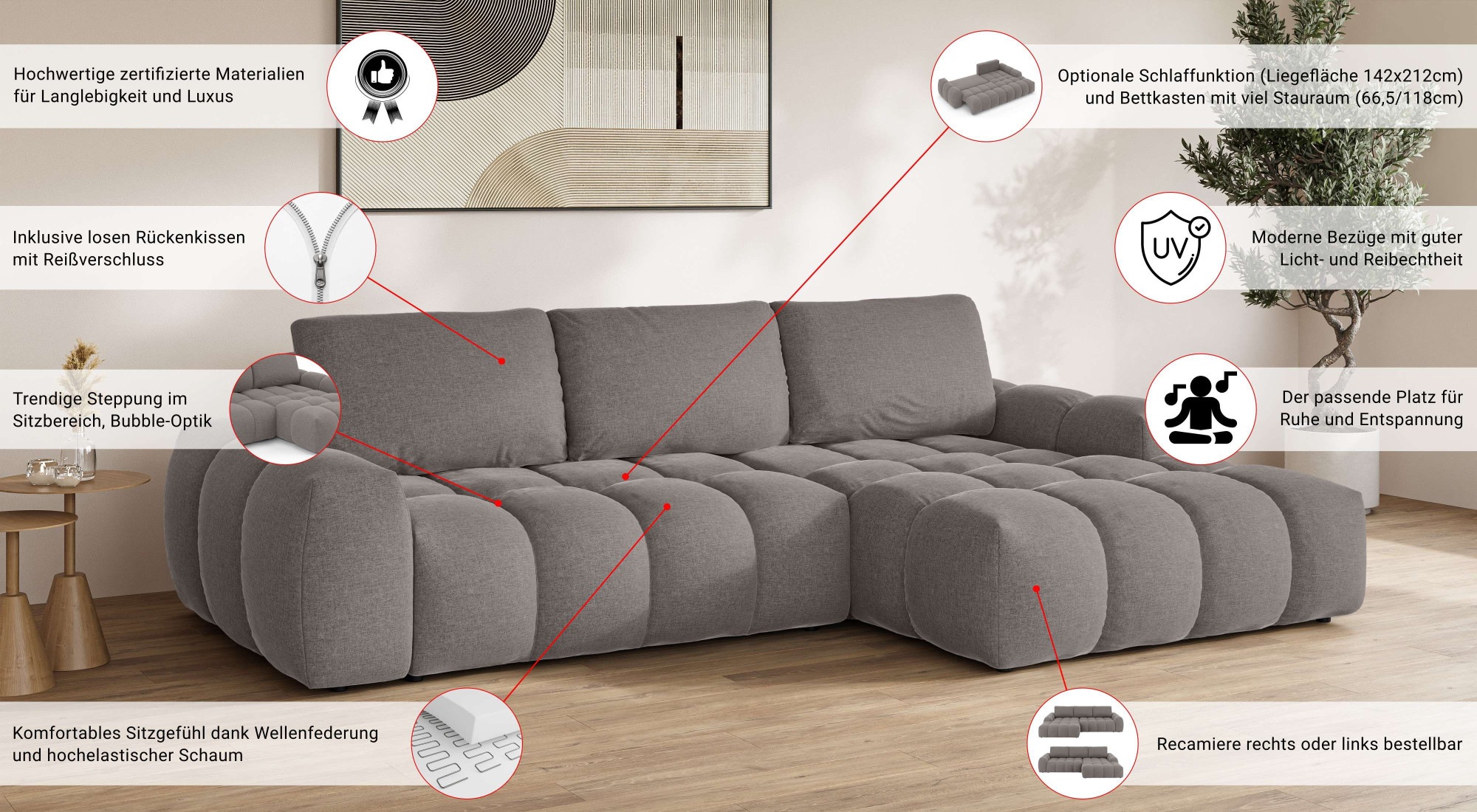 Thumbnail - INOSIGN Ecksofa "AZITA klein optionale Schlafsofa mit Bettkasten, B/T/H: 270/166,5/84cm" L-Form mit Wellenunterfederung,...