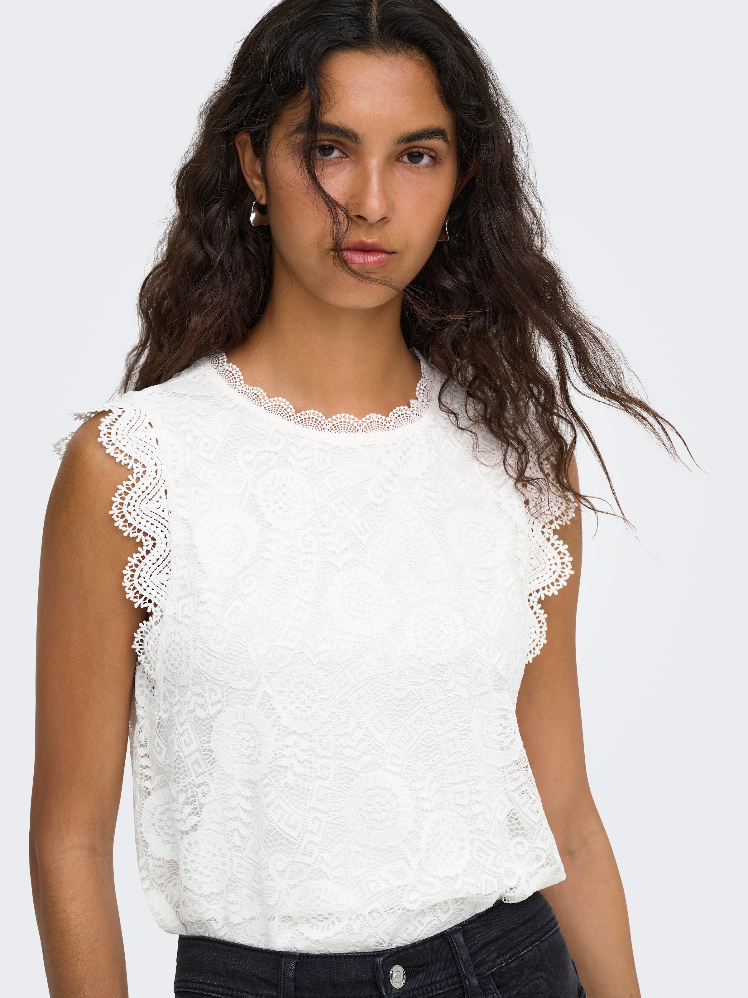 ONLY Spitzentop »ONLSINE S/L LACE TOP CS JRS« Materialmix, regular fit, Rundhals