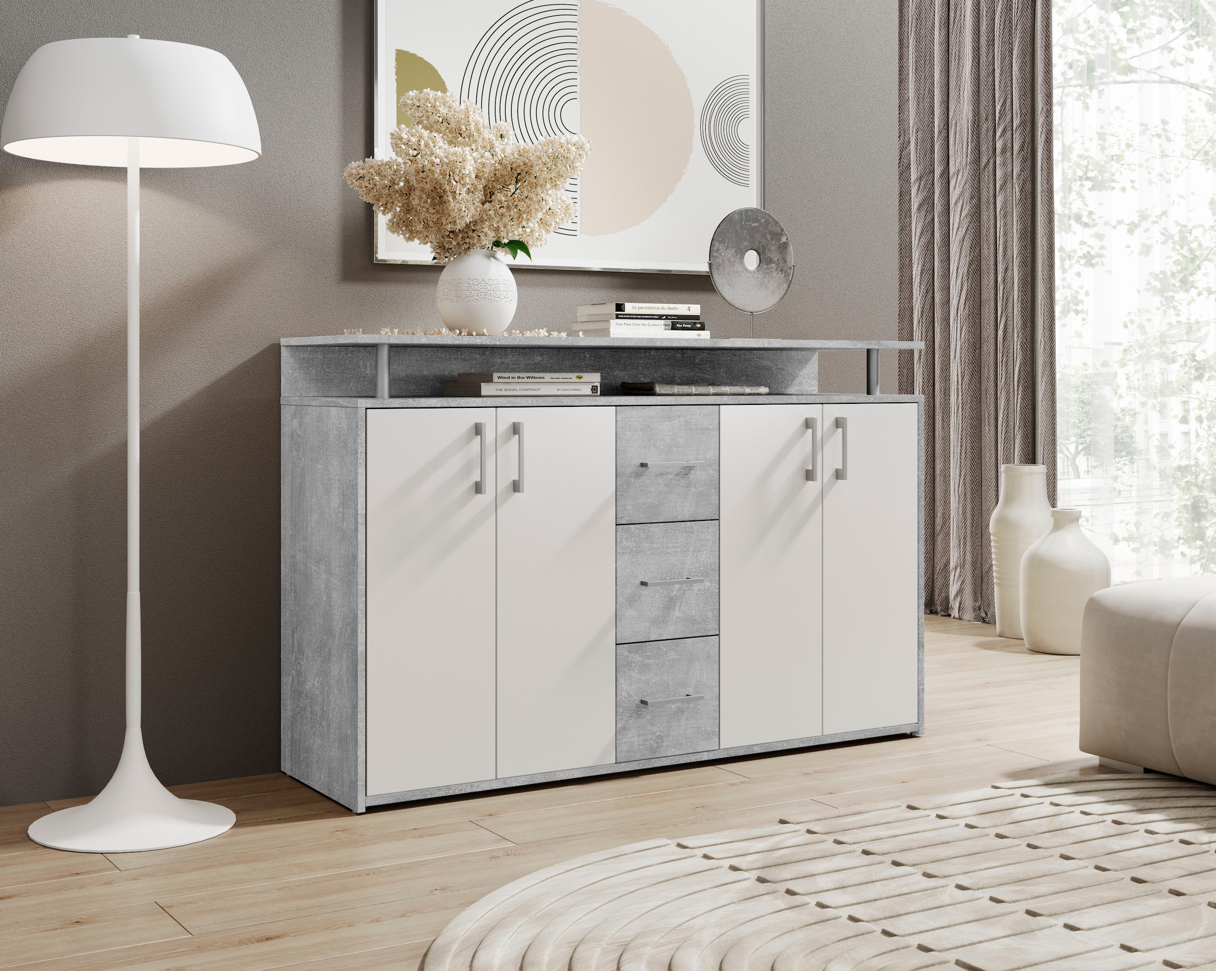 HBZ Sideboard »Drivno Sideboard, B/H/T 139x90x34 cm«, Breite 139cm, Kugelauszug, Einlegeböden verstellbar, 3 Schubkästen