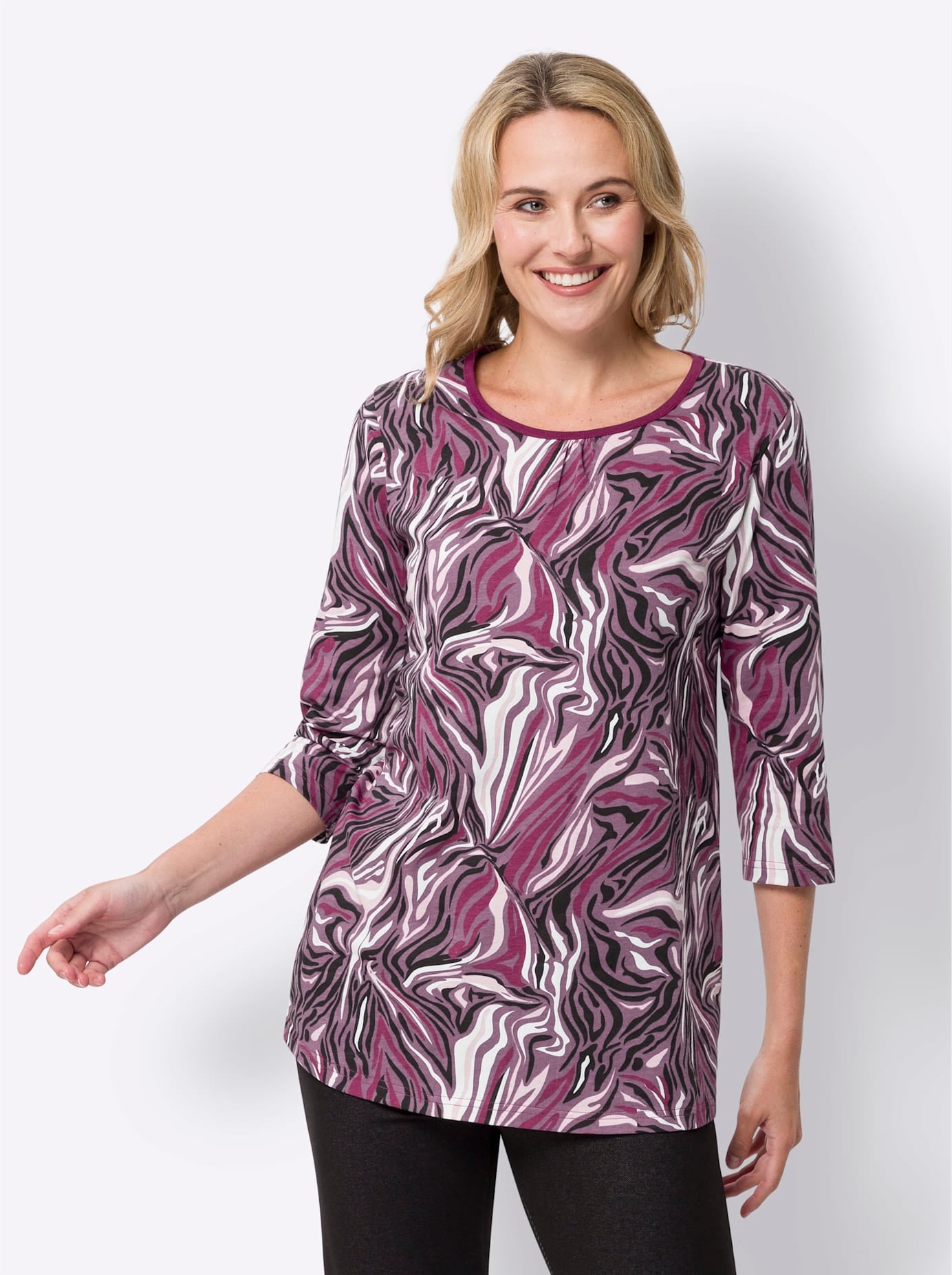 Longshirt CLASSIC BASICS "Longshirt", Damen, Gr. 38, bunt (malve, ecru, bedruckt), 100% Baumwolle, gemustert, mehrfarbig, Rundhals, Shirts Longshirt