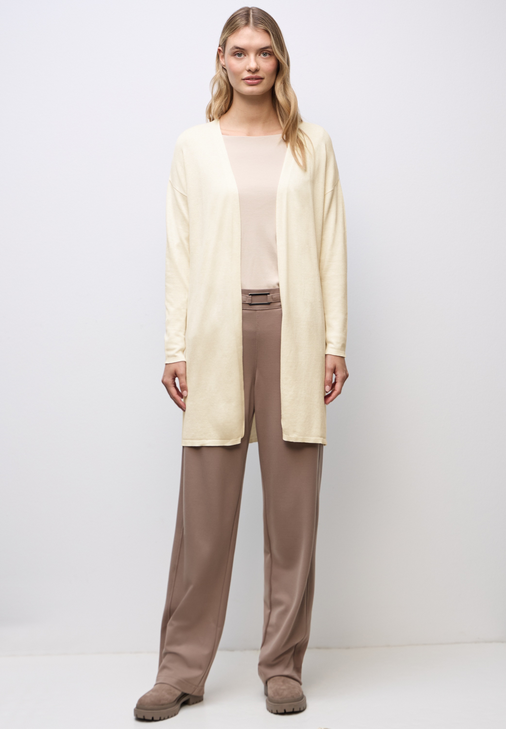 Strickjacke STREET ONE, Damen, Gr. 36, beige (oak beige melange), Stoff, 70% Viskose, 30% Nylon, unifarben, gerade hüftbedeckend, V-Ausschnitt, Bündchen, Strickjacken Strickjacke, verschlusslos 2