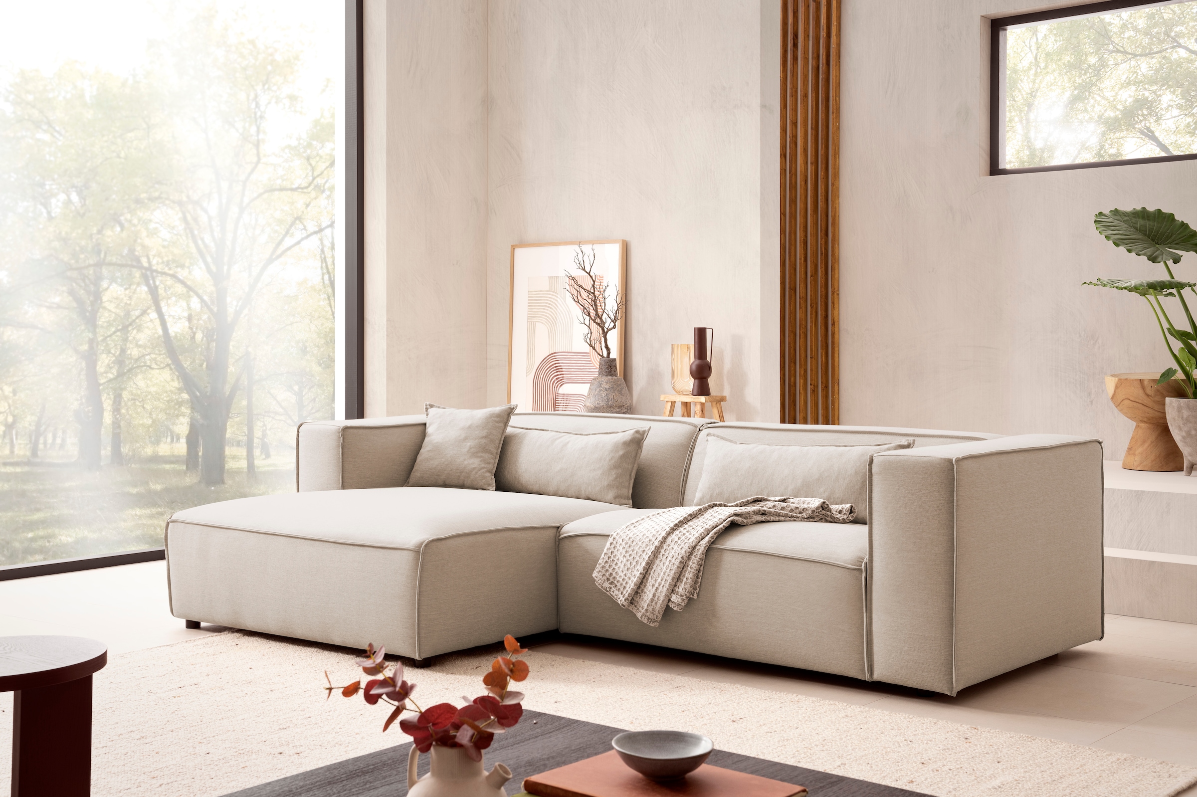 LeGer Home by Lena Gercke Ecksofa "PIARA Struktur u. Leinenoptik mit Kedernaht L-Form" wahlweise Ottomane rechts/links, schwarze Füße, bequemer Sitzkomfort