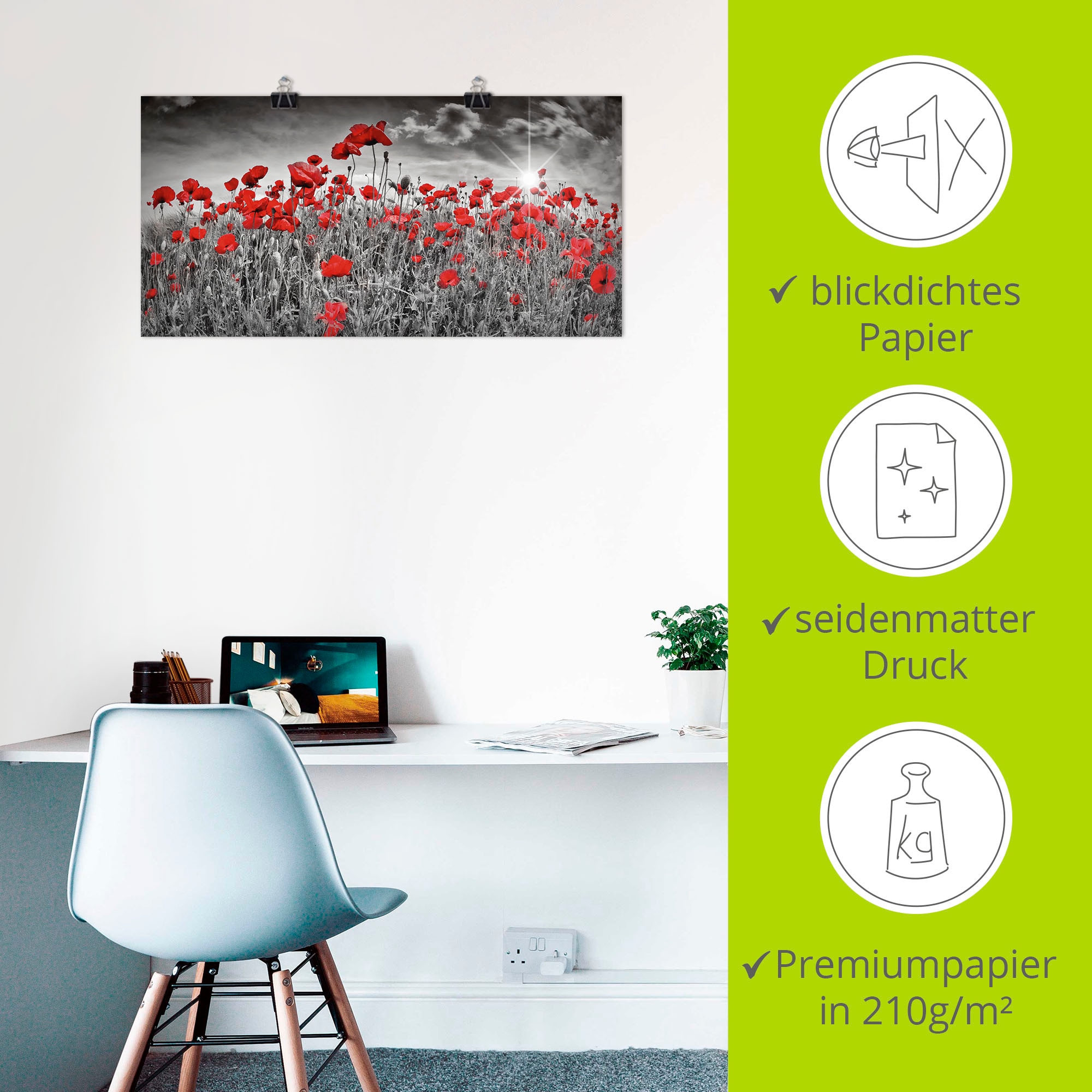 Artland Wandbild »Idyllisches Mohnblumenfeld mit Sonne«, Blumen, (1 St.), als Alubild, Outdoorbild, Leinwandbild, Poster, Wandaufkleber
