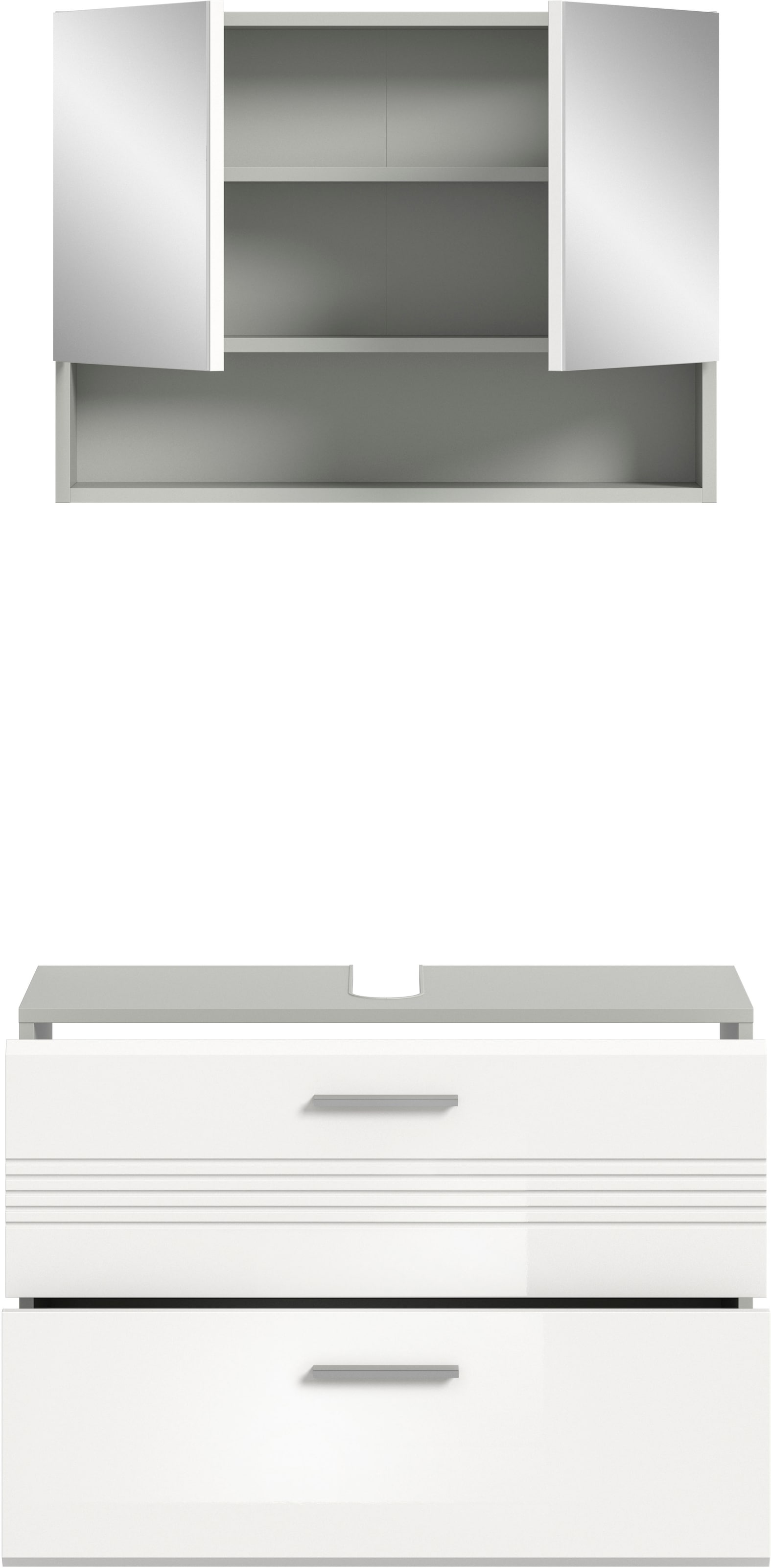 welltime Badmöbel-Set »Calicio, bestehend aus: Waschbeckenunterschrank, Spiegelschrank«, (2 St.), hochwertige MDF Front mit Rillenfräsung