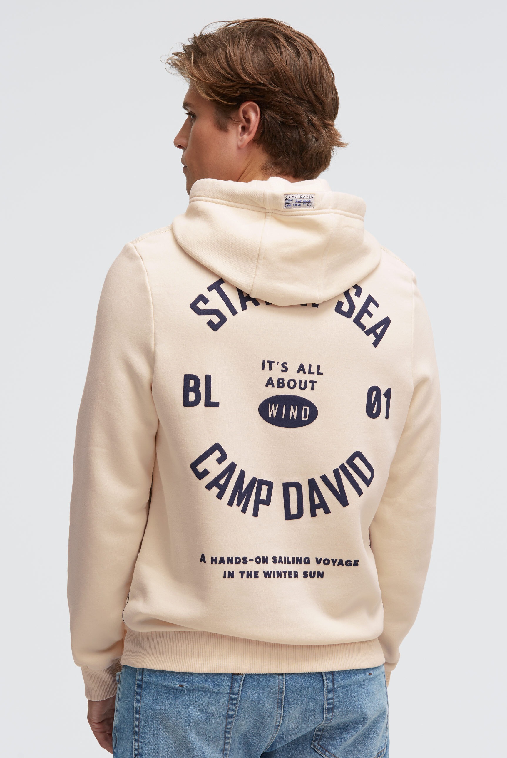 Kapuzensweatshirt CAMP DAVID, Herren, Gr. L, ecru, Sweatware, Material: 65% Baumwolle, 35% Polyester, bedruckt, relaxed fit normal, Rundhals, eingesetzt Rippbündchen, Sweatshirts, mit reflektierenden Details
