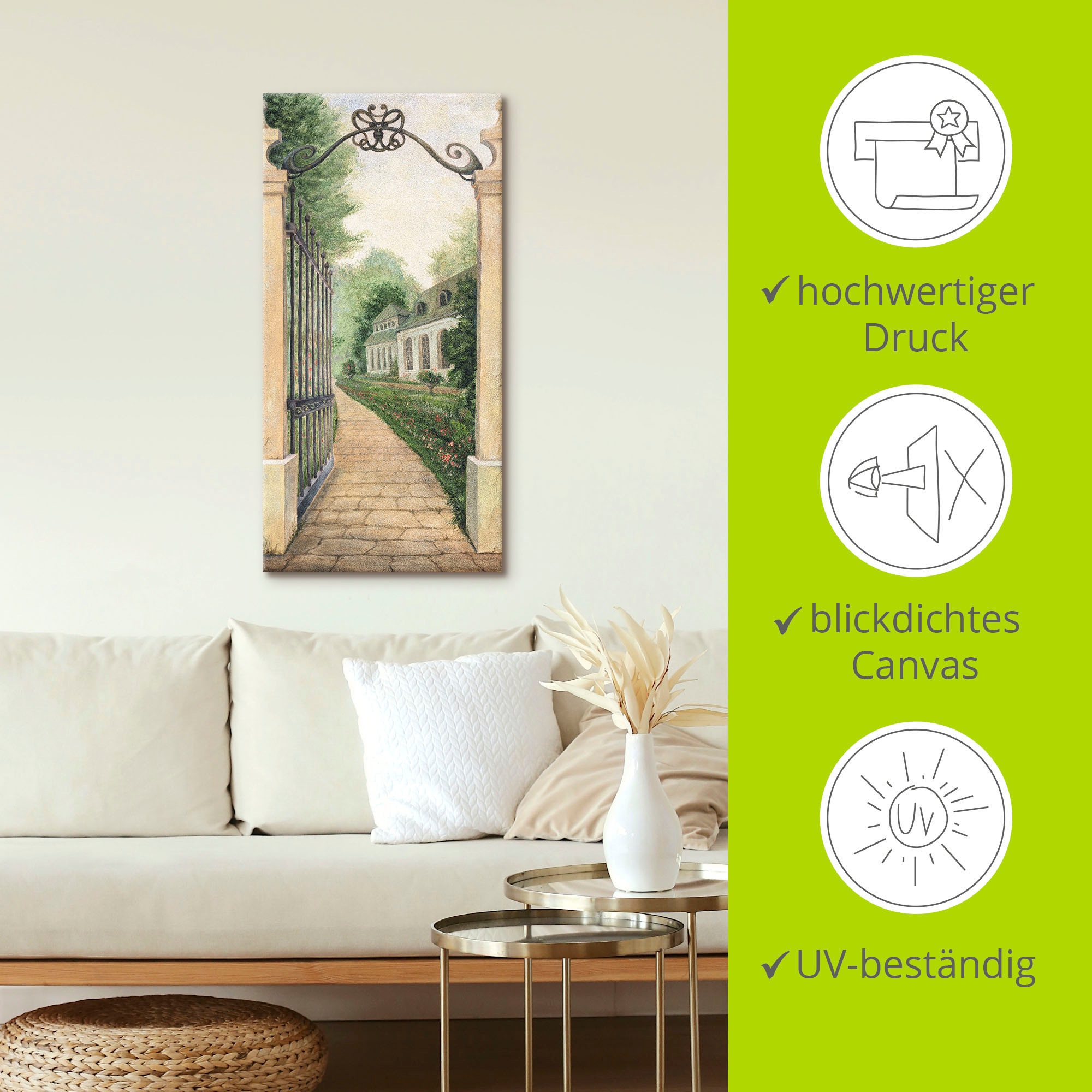 Artland Wandbild »Fresco - Blick durchs Gartentor«, Garten, (1 St.), als Leinwandbild, Poster in verschied. Größen
