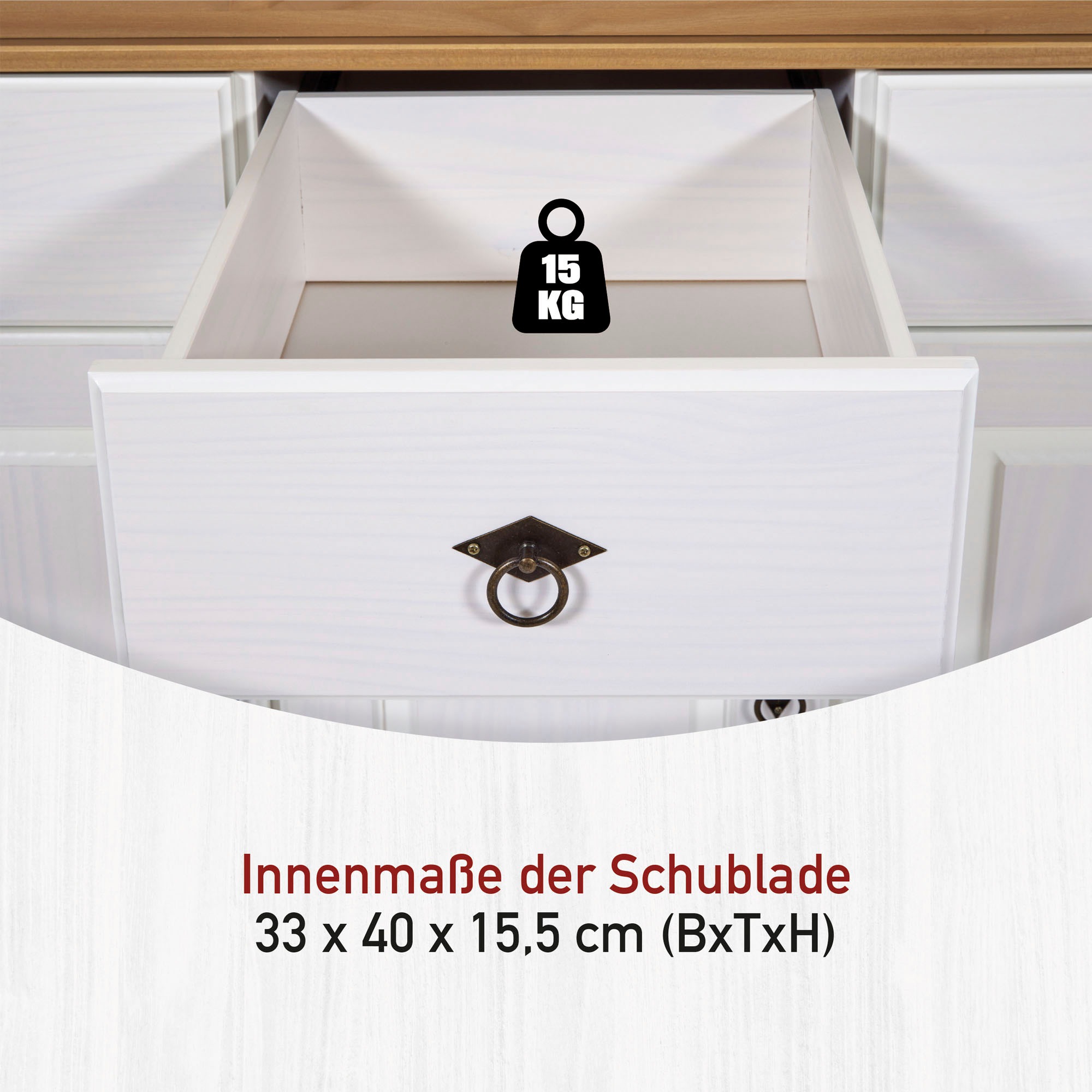 Inter Link Anrichte »Halmaro, Kiefer Massivholz, Soft-close, 141 x 46 x 100 cm, Stauraum« 1 Stk. tlg. Sideboard in Weiss, Braun/Oak, Landhausstil, 3 Türen, 3 Schubladen