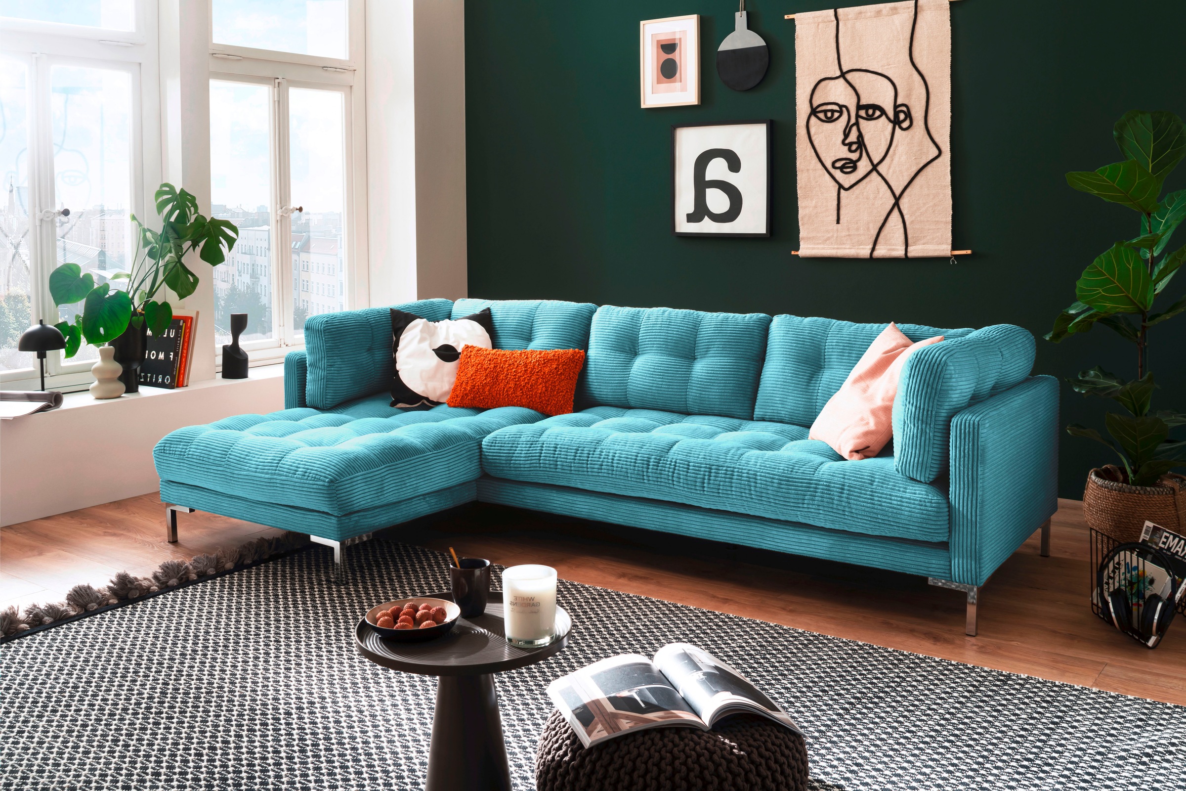 Trends by HG Ecksofa "Landau L-Form" in Cord-Stoff mit Metallfuß günstig online kaufen