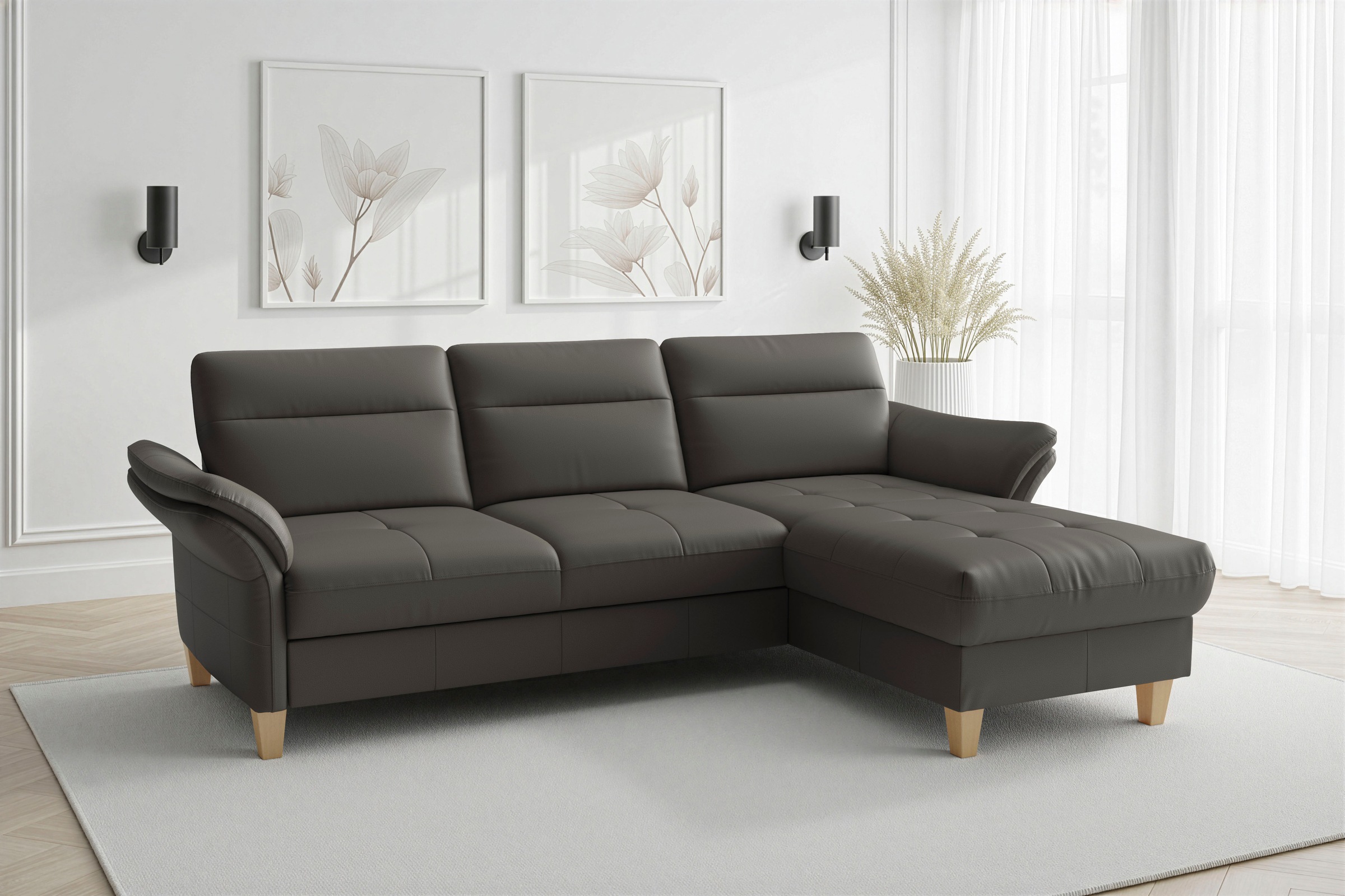 sit&more Ecksofa "Pamela L-Form, Leder, B: 218 und 230 cm mit Recamiere links od. rechts" optional Armteilverstellung, Schlaffunktion & Bettkasten
