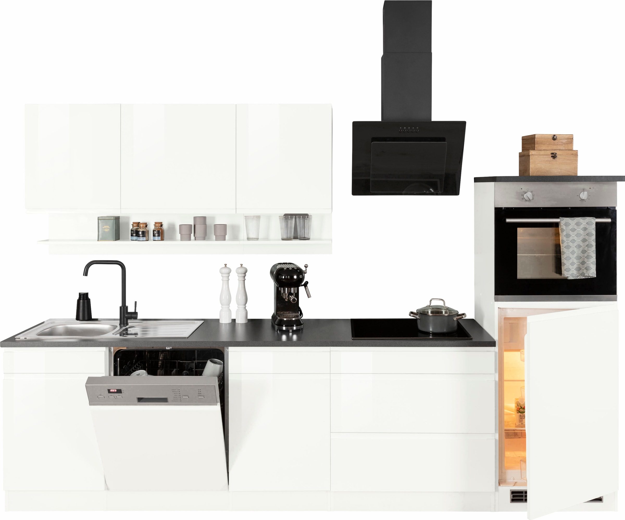 KOCHSTATION Küchenzeile "KS-Virginia,neu in verbesserter Ausführung" Arbeitsplatte 38 mm stark, Stauraum, Softclose, Breite 300 cm, Soft-Close, ohne E-Geräte