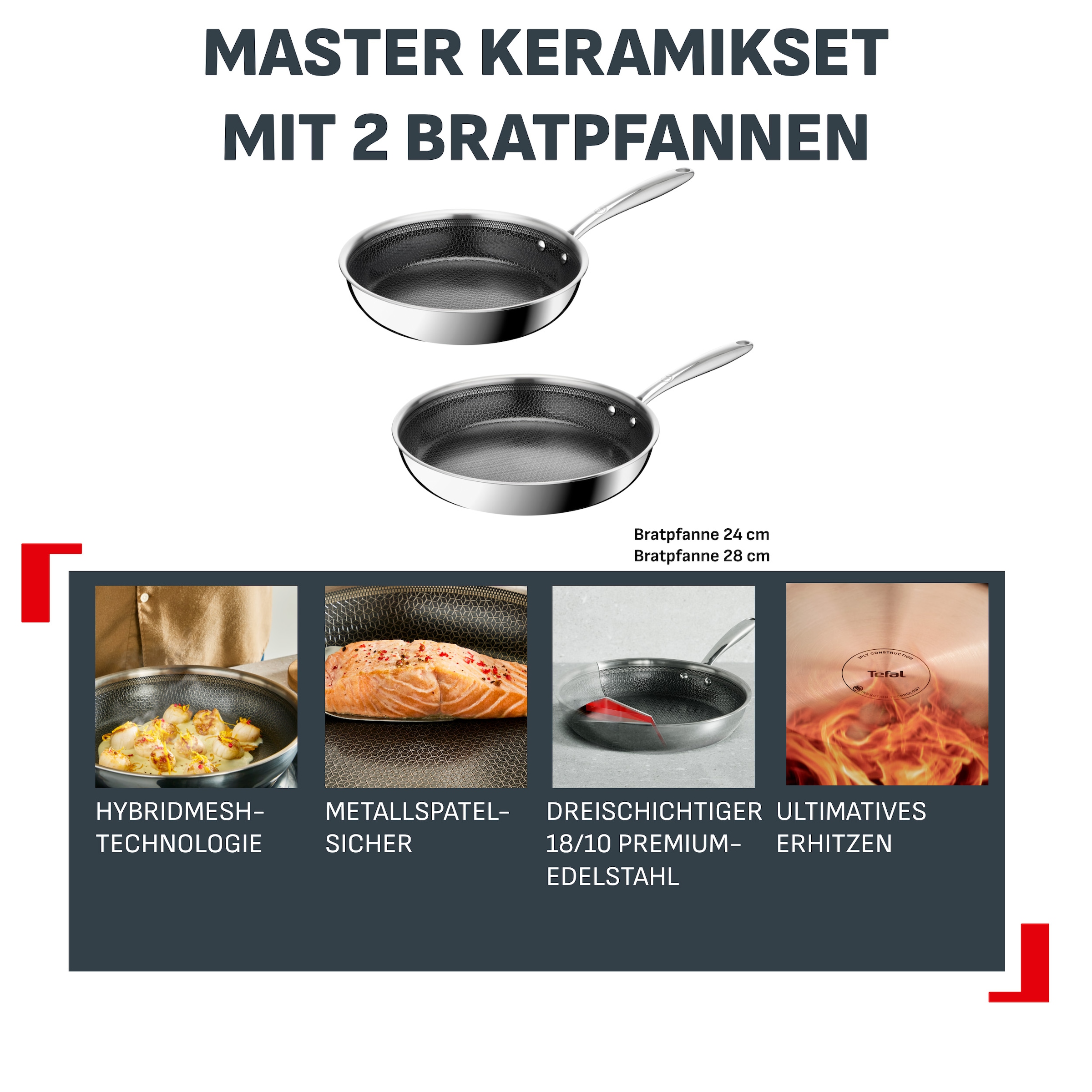 Tefal Pfannen-Set »Master Mesh« Edelstahl 18/10 Set, 2 tlg. HybridMesh-Technologie, ultimatives Anbraten, tiefe Form