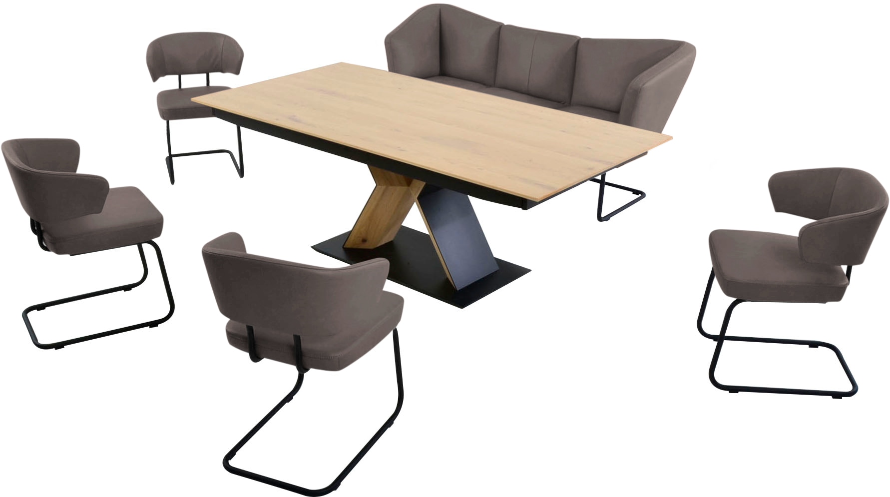 Essgruppe K+W KOMFORT & WOHNEN "Mikkado Tube", braun (sattel 77), B:192cm H:88cm T:71cm, Sitzmöbel-Sets, Essgruppe, 4 Freischwinger und ein Funktionsesstisch