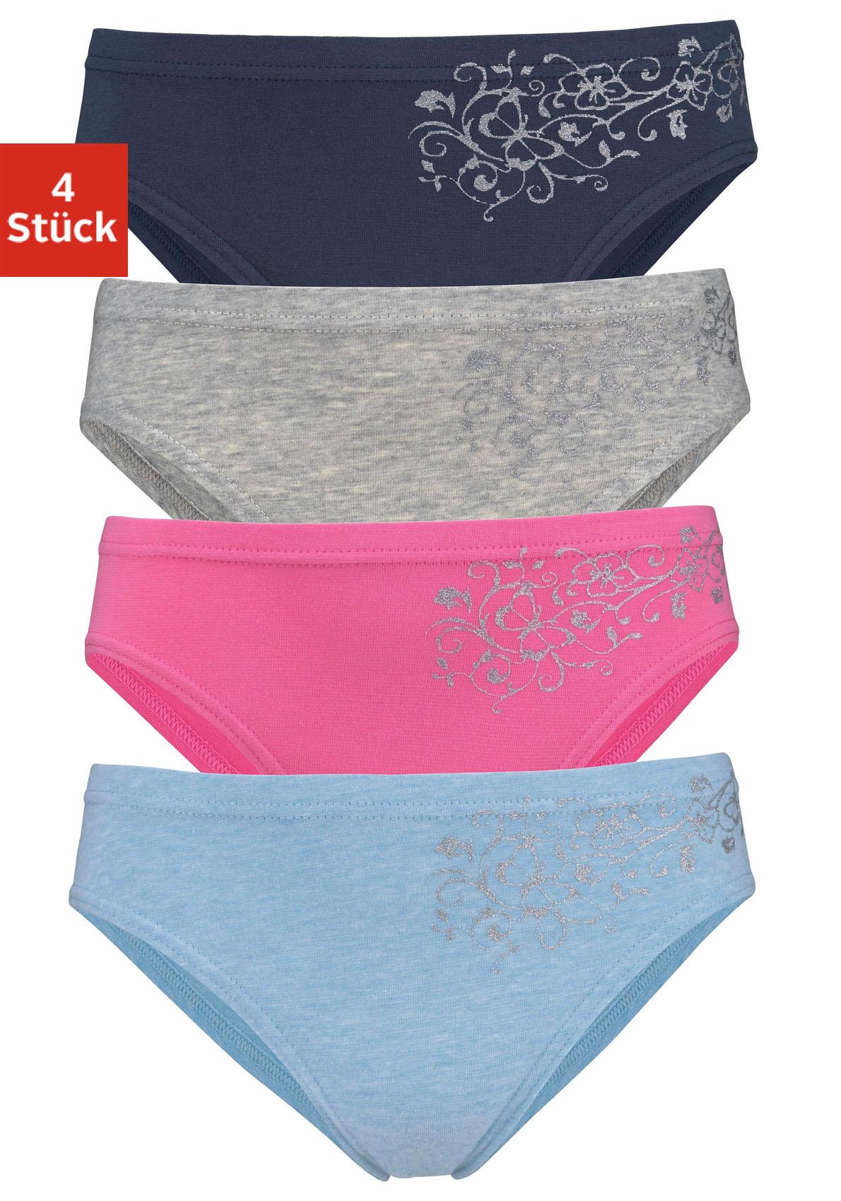 petite fleur by Lascana Bikinislip Packung, 4 Stk. mit floralem Glitzerdruck, Baumwollmischung
