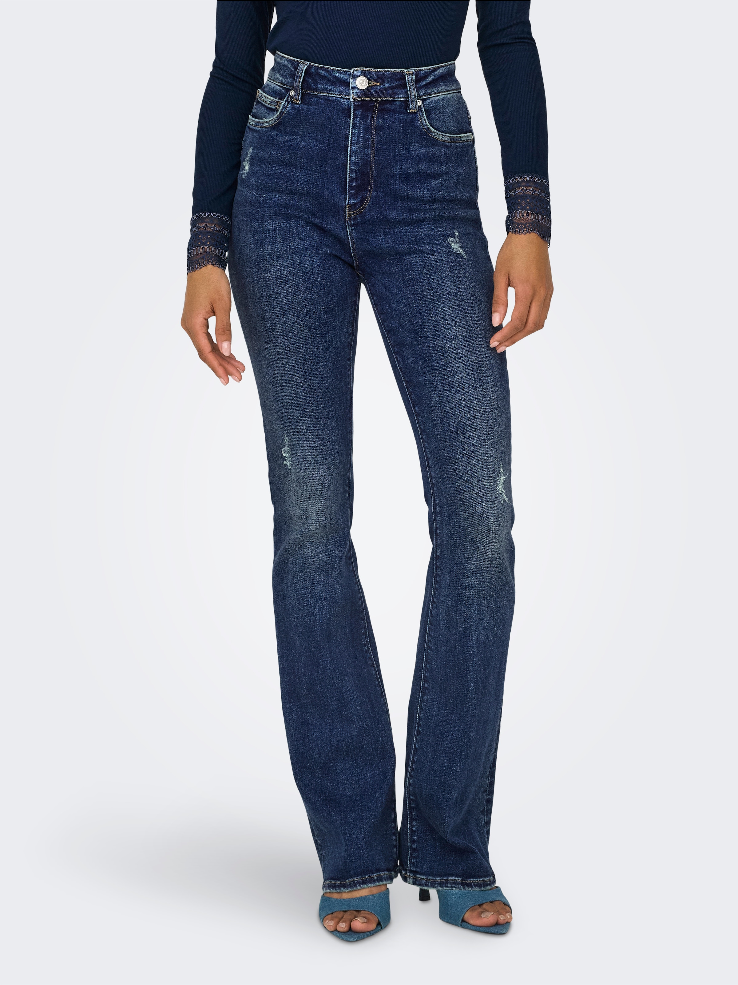 Bootcut-Jeans »ONLMILA HW FLARED DNM BJ374«, mit Destroyed Effekt