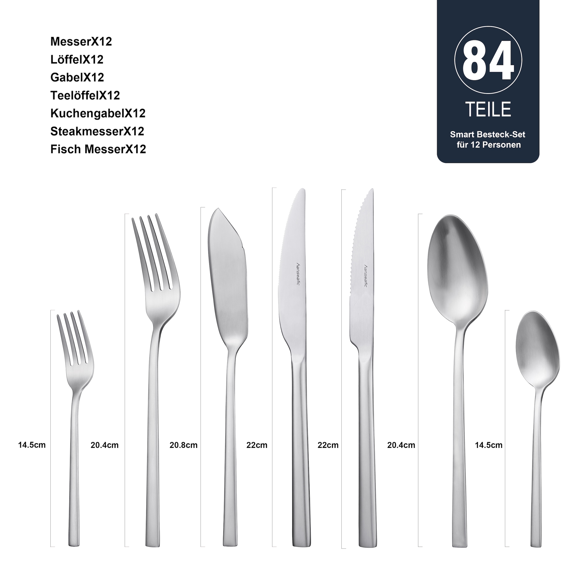 Hanseatic Besteck-Set »SMART, in matter Optik«, (Set, 84 tlg.), leichtes und minimalistisches Design