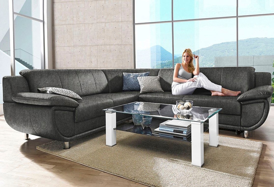 TRENDMANUFAKTUR Ecksofa »Rondo wahlweise mit Schlaffunktion, 267x247 cm (BxT), breite Armlehnen«, L-Form, wahlweise mit Federkern bestellbar, Füße chromfarben