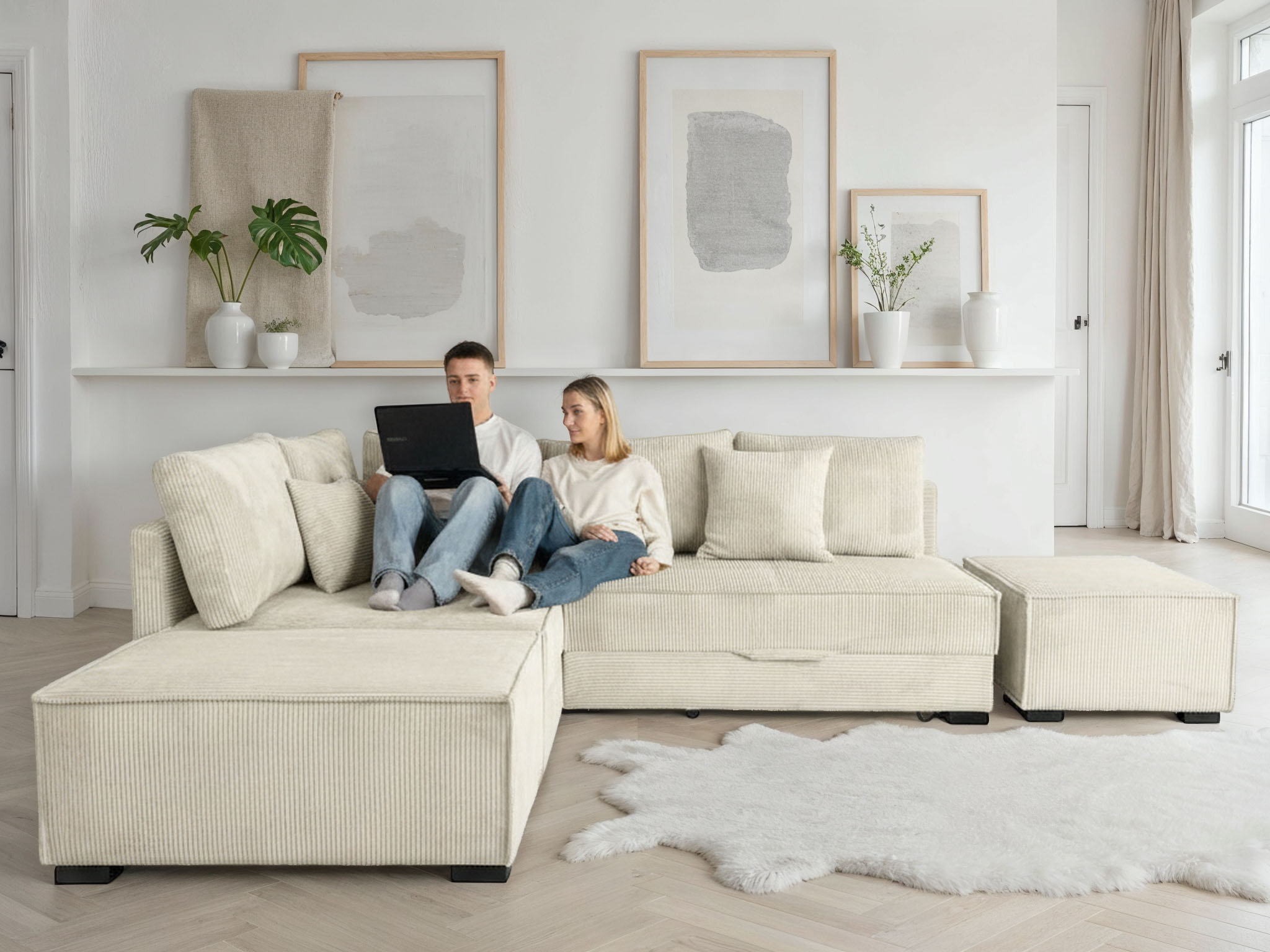 Home affaire "Night & Day L-Form, B: 316 cm mit Dauer-Schlaffunktion 180x200 cm" Set: Sofa & Hocker, Schlaffunktion, Bettkasten & Kissen, Boxspringbett